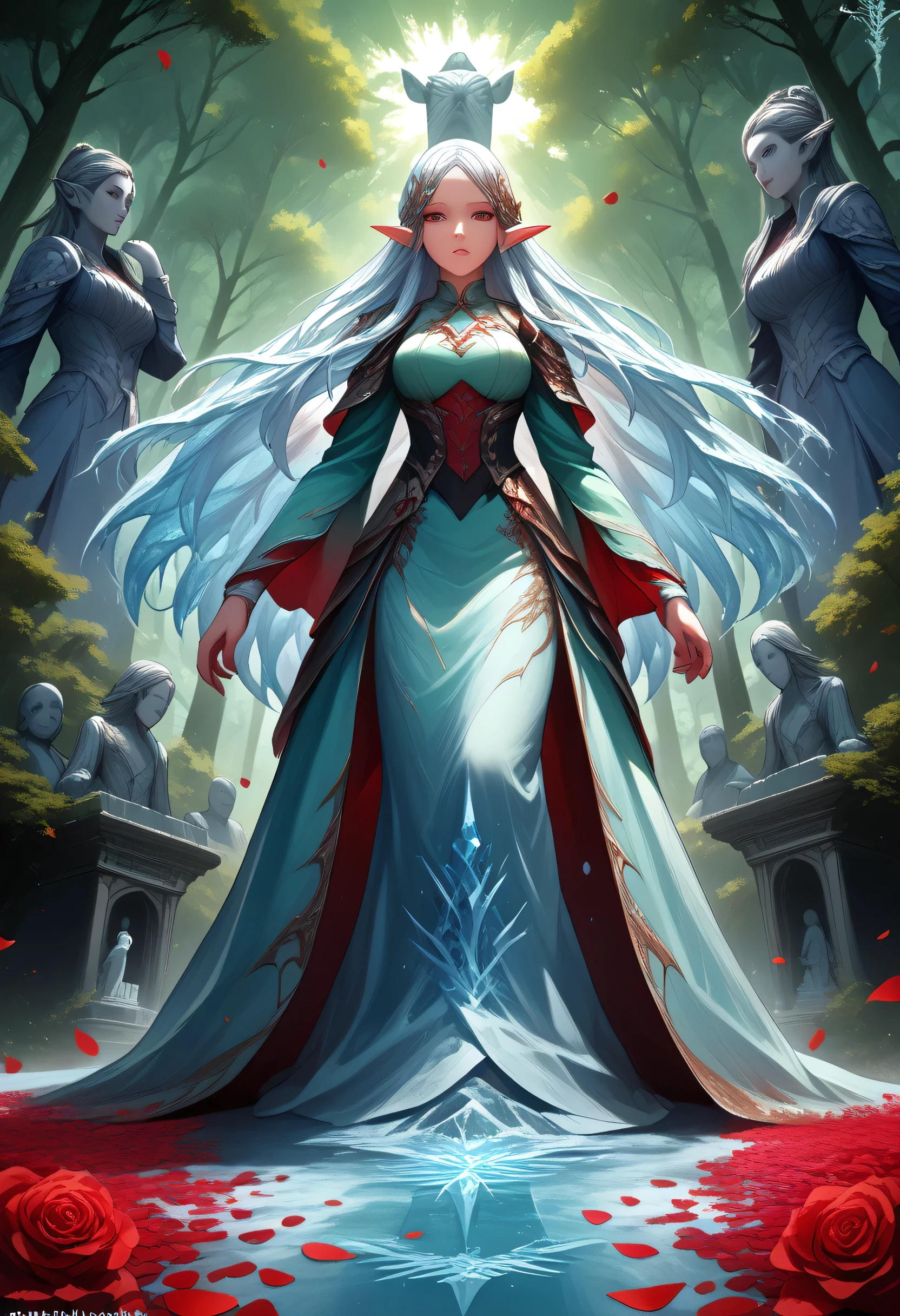 score_9, score_8_up, score_7_up, anime comic illustration fantasy art, (red petals: 1.3) falling from the sky on an ice statue of an a beautiful female elf ((made from ice: 1.5)) standing in forest, cloud of red petals swirling around the ice statue, full body statue made from ice, beautiful elf, long icy hair strands, wearing icy dress, epic flowing (red petals: 1.3), swirling rose petals, fantasy forest background, it is dawn the sun rays reflect on the ice statue, sun rays hit the rose petals, ((high contrast: 1.5)) high details, best quality, 8k, [ultra detailed], masterpiece, best quality, (extremely detailed), dynamic angle, intricate details, FAIstyle, fantasy