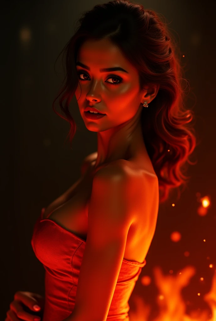 (Best quality, ultra detailed, photorealistic: 1.39), Bright and rich colors, studio lighting, romantic expression, Just a bimbo girl on fire., beautiful massive breasts of gigantic size:1.8, detailed skin, perfect lips, Plump lips, Red lips
