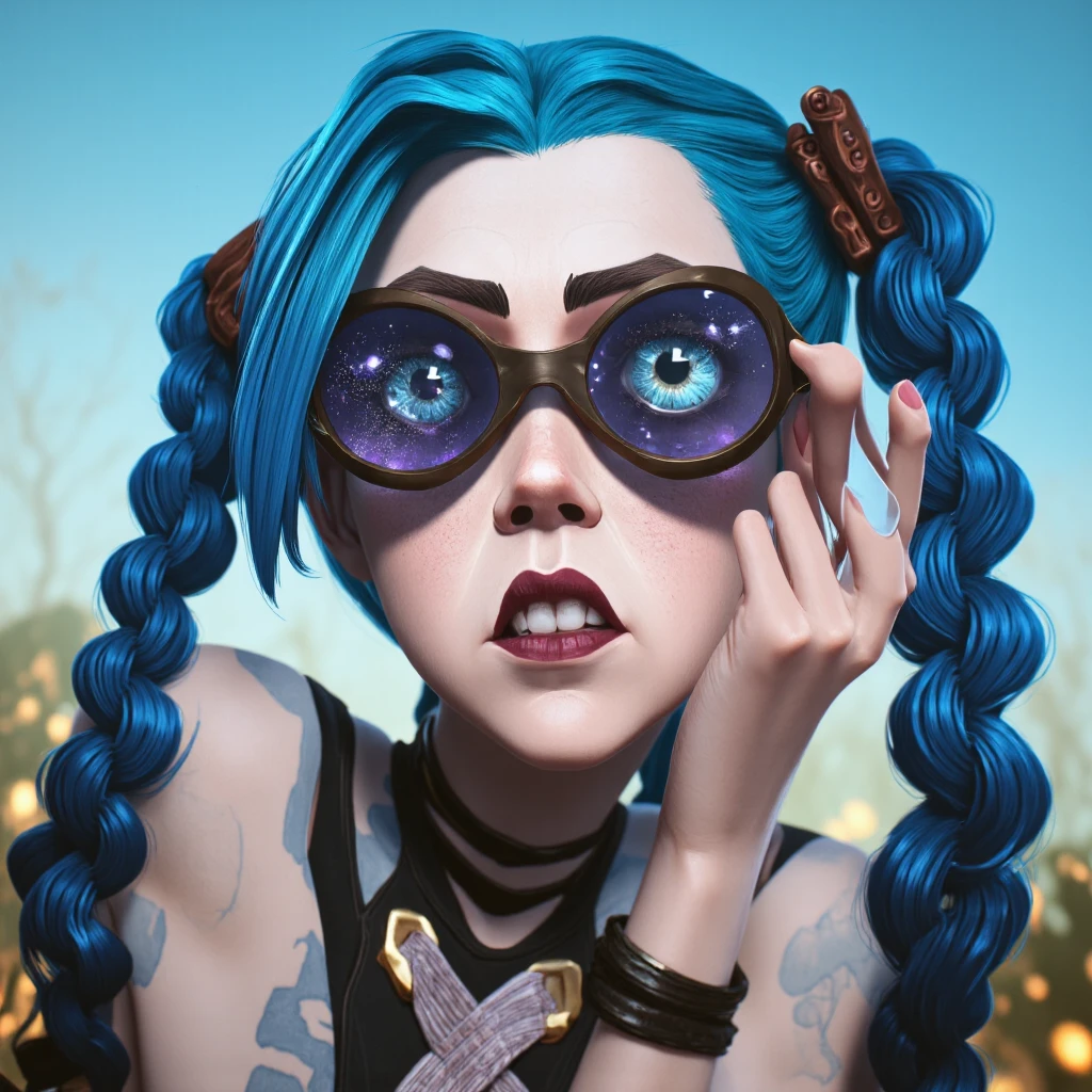 Jinx1024, portrait, crazy smile, round sunglasses, cyberpunk background, detailed eyes, photography, highly detailed, sharp focus, trending on artstation, studio photo, intricate details, highly detailed, by greg rutkowski <lora:Jinx1024:0.9>