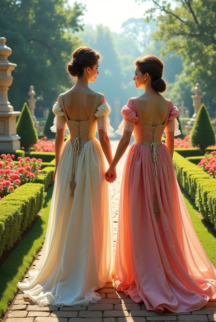 create photo Victorian era with 2 women in big dresses like queens from behind happy having fun through the streets of a palace with a large garden with roses 
