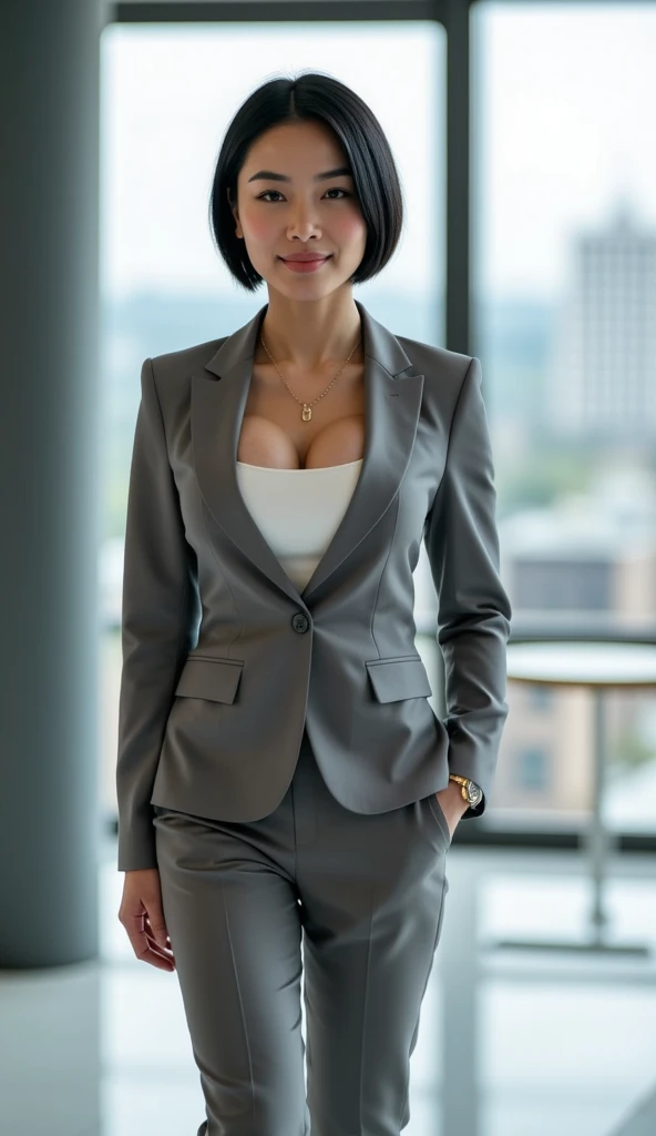 (highest quality,8K,masterpiece),
Japanese mature woman,40 years,Mature Woman,Pure white skin, ((Full body photography:0.85))、
Full breasts、 ((White collared blouse))、((Grey tailored jacket))、Grey pantsuit、Brown medium wave、
,A gentle smile、A gaze that seduces viewers、In-house offices、