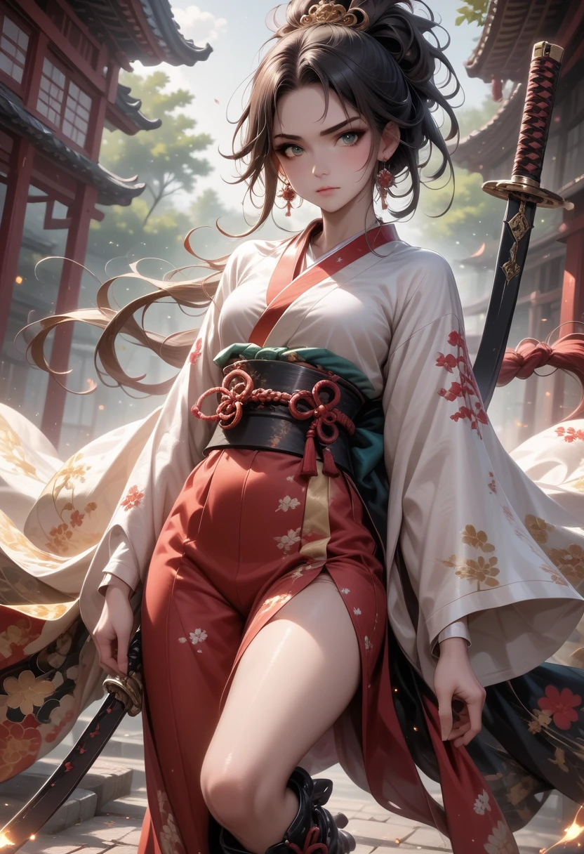 Create a 4k resolution masterpiece, highly detailed, using ArtCalmV2 for the best possible quality. The theme is a charismatic tiger girl, found in a snowy forest at night. She wears red traditional Chinese clothes with a white skirt and brown boots.. A katana is neatly stored on his hip. The character, a 25 year old clan leader, has short light brown hair and tiger ears, beyond a tiger's tail. His green eyes reflect a guard posture and a display of resilience.. The surrounding environment is a forest landscape at night, illuminated by the dynamic light of the full moon, creating a contrast between the wild and relaxing environment.