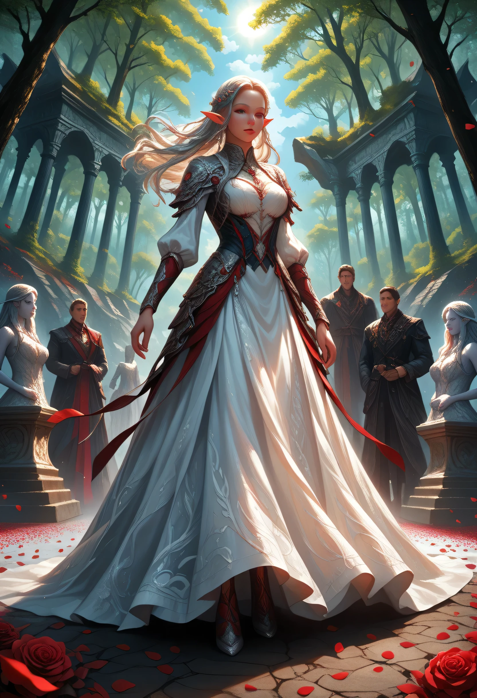 score_9, score_8_up, score_7_up, anime comic illustration fantasy art, (red petals: 1.3) falling from the sky on a beautiful female elf, standing in forest, cloud of red petals swirling around the ice statue, full body, beautiful elf, long icy hair strands, wearing icy dress, epic flowing (red petals: 1.3), swirling rose petals, fantasy forest background, it is dawn the sun rays reflect on the ice statue, sun rays hit the rose petals, ((high contrast: 1.5)) high details, best quality, 8k, [ultra detailed], masterpiece, best quality, (extremely detailed), dynamic angle, intricate details, FAIstyle, fantasy