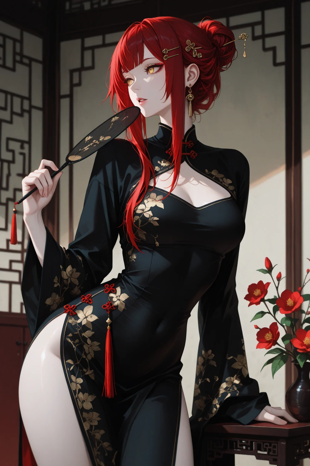 (((professional: Step by step, taking into account even the smallest detail, God-level final result, all intricate details, cowboy shot, solo 1girl view))): "1 fox girl, ruby eyes, fox ears, fox tail, high ponytail, firm breasts, medium breasts, smug, cute, short black china dress, very low-cut, short (very light clothing very thin and transparent like air), side full body, pelvic curtain, thigh ribbon, (pumps:1), (hugging own leg:1.1), chinese style, indoors, sharp focus, looking at viewer, (intricate:1.3), red light theme, (orange tone:0.7), illustration, hair and clothes blown up by strong wind, see body "