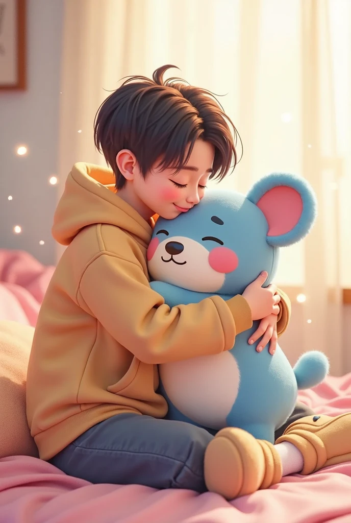 realistic Korean man of 25 years, pink hair and good body, hugging a toy plush