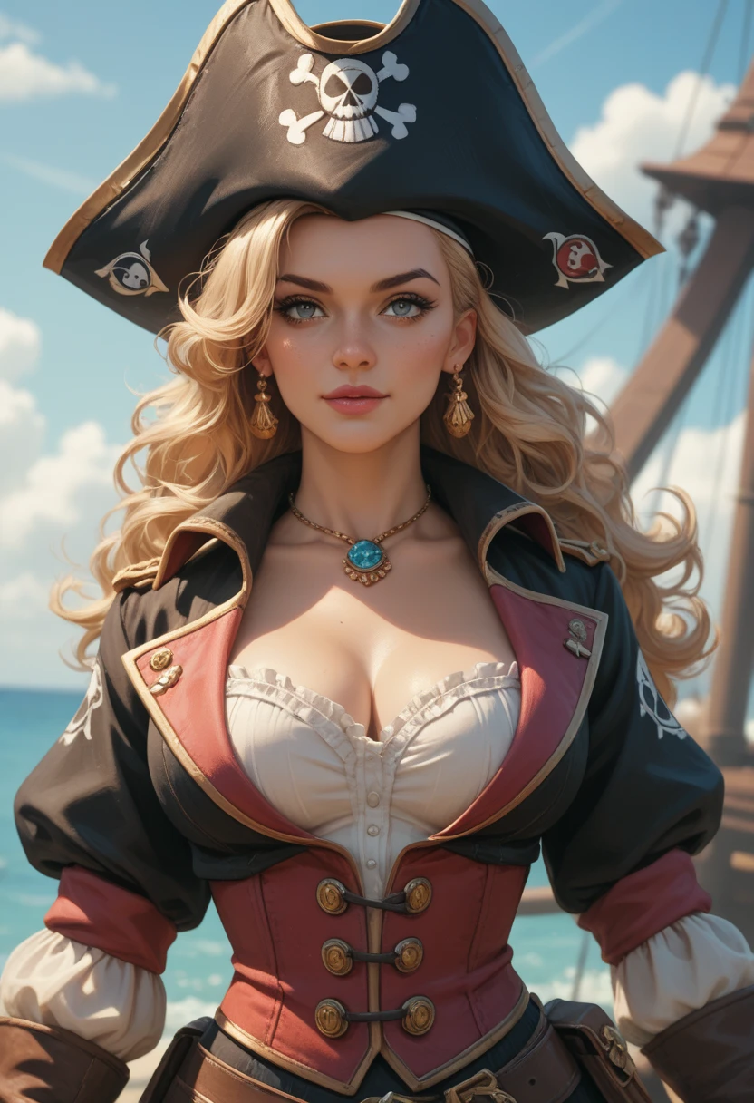 8K、Captain in black and gold pirate costume、Super beauty(Like the real thing)red and black big chest pirate costume、Realistic costume texture、Eye patch over one eye(A black)enchanted、Lifelike skin,looking at viewert,blue eyess,Blonde wavy hair,ultra-sexy,Beautiful Landscapes,Super High Resolution,reallistic,super detailing,ultra -detail,On the deck of a pirate ship,a smile,super sexy super,Emphasizes cleavage,