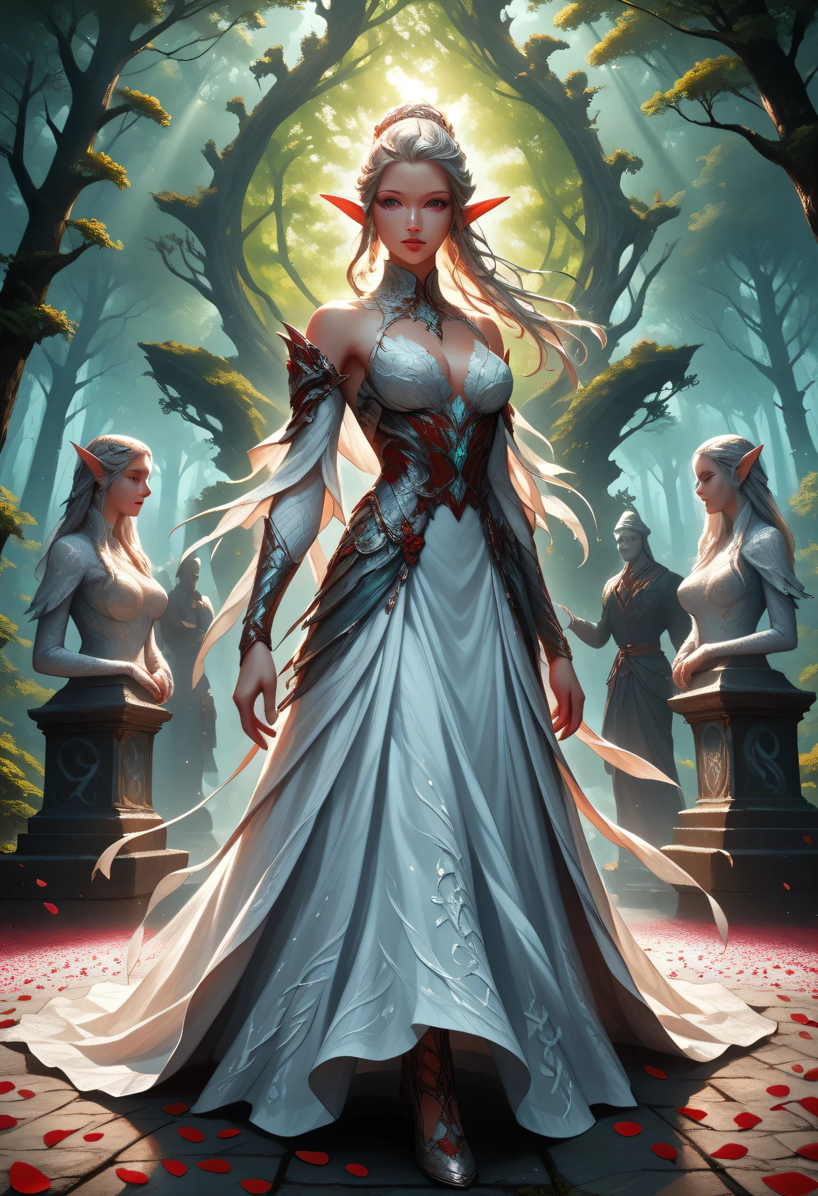 score_9, score_8_up, score_7_up, anime comic picture, fantasy art, (red petals: 1.3) falling from the sky on a beautiful female elf, standing in forest, cloud of red petals swirling around the ice statue, full body, beautiful elf, long icy hair strands, wearing icy dress, epic flowing (red petals: 1.3), swirling rose petals, fantasy forest background, it is dawn the sun rays reflect on the ice statue, sun rays hit the rose petals, ((high contrast: 1.5)) high details, best quality, 8k, [ultra detailed], masterpiece, best quality, (extremely detailed), dynamic angle, intricate details, FAIstyle, fantasy