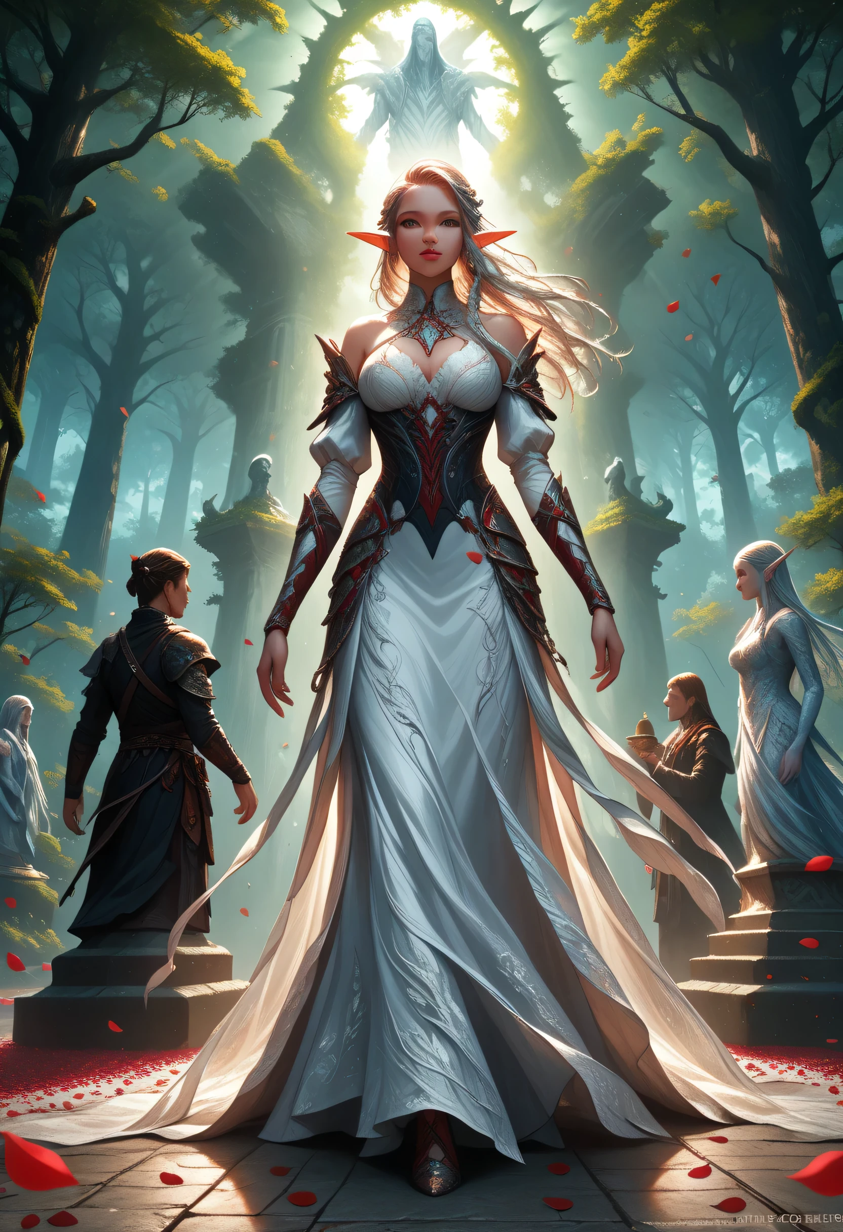 score_9, score_8_up, score_7_up, anime comic picture, fantasy art, (red petals: 1.3) falling from the sky on a beautiful female elf, standing in forest, cloud of red petals swirling around the ice statue, full body, beautiful elf, long icy hair strands, wearing icy dress, epic flowing (red petals: 1.3), swirling rose petals, fantasy forest background, it is dawn the sun rays reflect on the ice statue, sun rays hit the rose petals, ((high contrast: 1.5)) high details, best quality, 8k, [ultra detailed], masterpiece, best quality, (extremely detailed), dynamic angle, intricate details, FAIstyle, fantasy