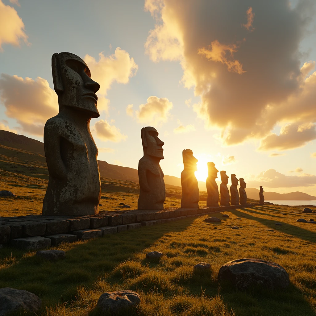 A stunning photo of the giant gold-hued Moai statues of Easter Island、A dazzling light that paints everything in gold、god々area、Digital Art, The clouds clear and the shining sun appears, On Ascension Day,Golden Sun、Sky City、god々Utopian、There is one relic。Lens flare、Angel Ladder、Super Detail,Highest quality,masterpiece,(8K),Very detailed,A wonderful work of art,The picture is clear,Golden light on background