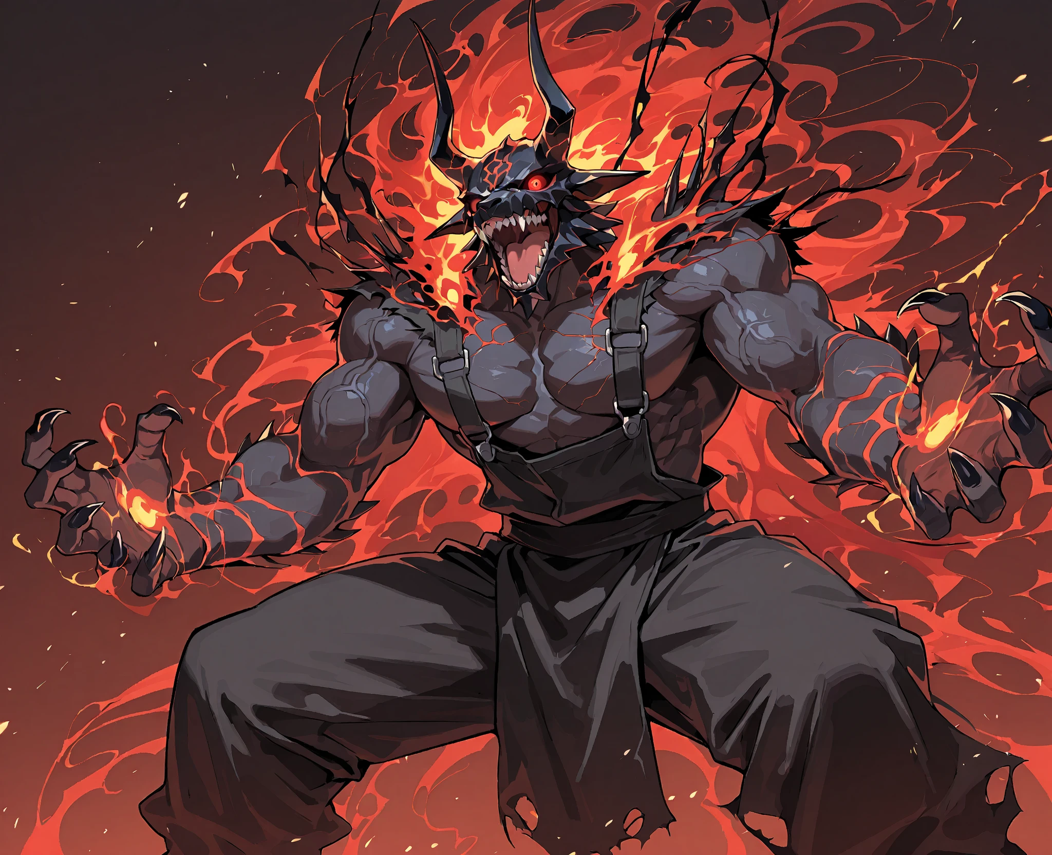 Chico, short hair, with black Oni half mask, muscular, mascara hand, black nails