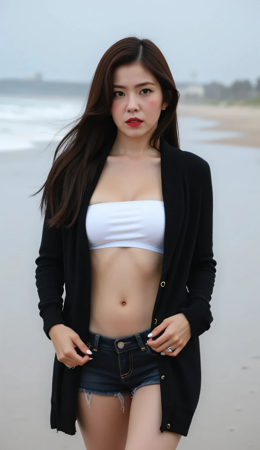 an office lady, was at the beach in the rain, using a black knit jacket with a white strapless bikini, using black color denim shorts, big boobs, red lips, Annoyed face , slim waist, all over wet body