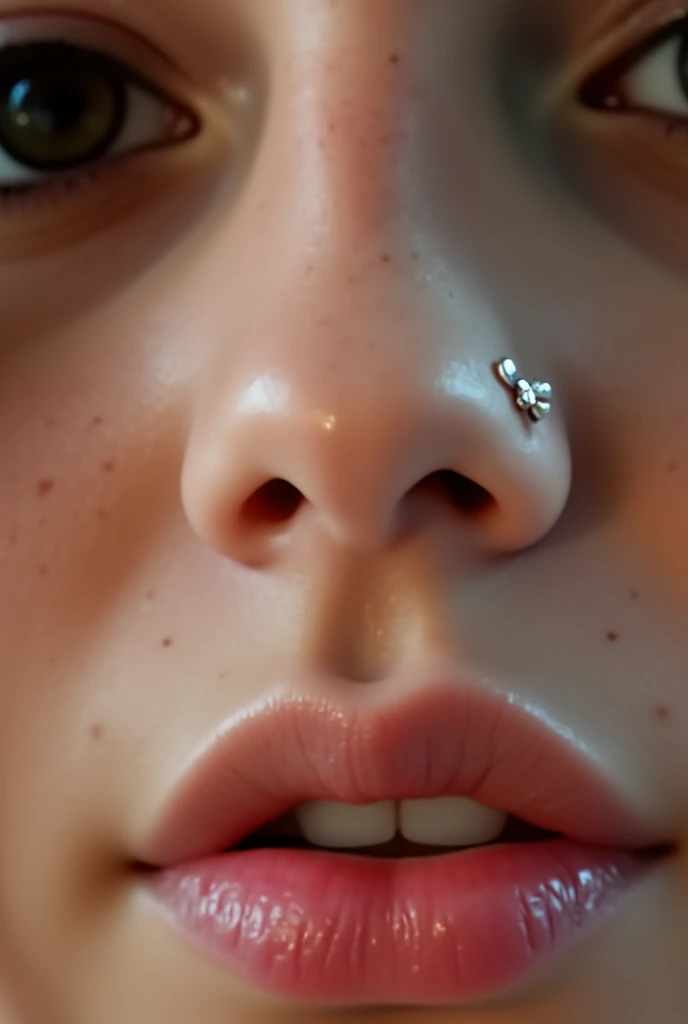 Close-up photograph of a large nipple ring piercing. The ring has a large diameter and thickness, ring has a captive ball on its bottom. The male ptotographer holding a camera is reflecting in the metal ball. The nipple is erect and the skin around it is textured and hairless. Areola has a light soft colour. The lighting is soft and natural, casting gentle shadows and highlighting the curves of the nipple and the balls. The background is blurred and out of focus, keeping the attention on the piercing. No moles, no freckles.
<lora:Flux.pierced-nipples-v2-000012:1>