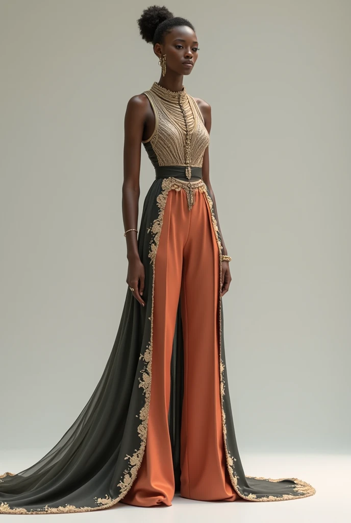 MASSIVE HIPS, MASSIVE BUTTOCKS, translucent (khaki plastic) leg warmers, UHD, She's a dark skin melanin Goddess, translucent puffy MASSIVE sleeves skirt, rural sidewalk, with infinitely small waist, tiny thin waistline, tiny waist, high top fade cut, no nudity