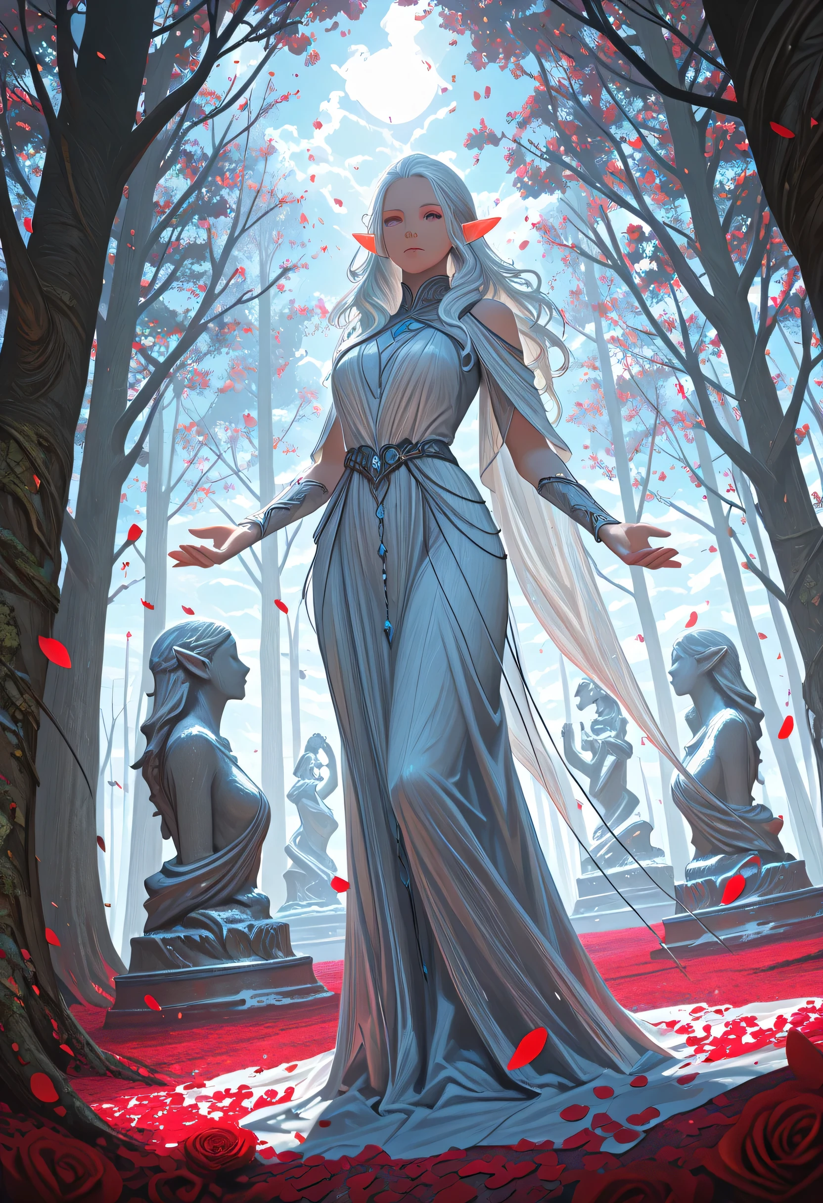 score_9, score_8_up, score_7_up, anime comic picture, fantasy art, (red petals: 1.3) falling from the sky on a beautiful female elf, standing in forest, cloud of red petals swirling around the ice statue, full body, beautiful elf, long icy hair strands, wearing icy dress, epic flowing (red petals: 1.3), swirling rose petals, fantasy forest background, it is dawn the sun rays reflect on the ice statue, sun rays hit the rose petals, ((high contrast: 1.5)) high details, best quality, 8k, [ultra detailed], masterpiece, best quality, (extremely detailed), dynamic angle, intricate details, FAIstyle, fantasy