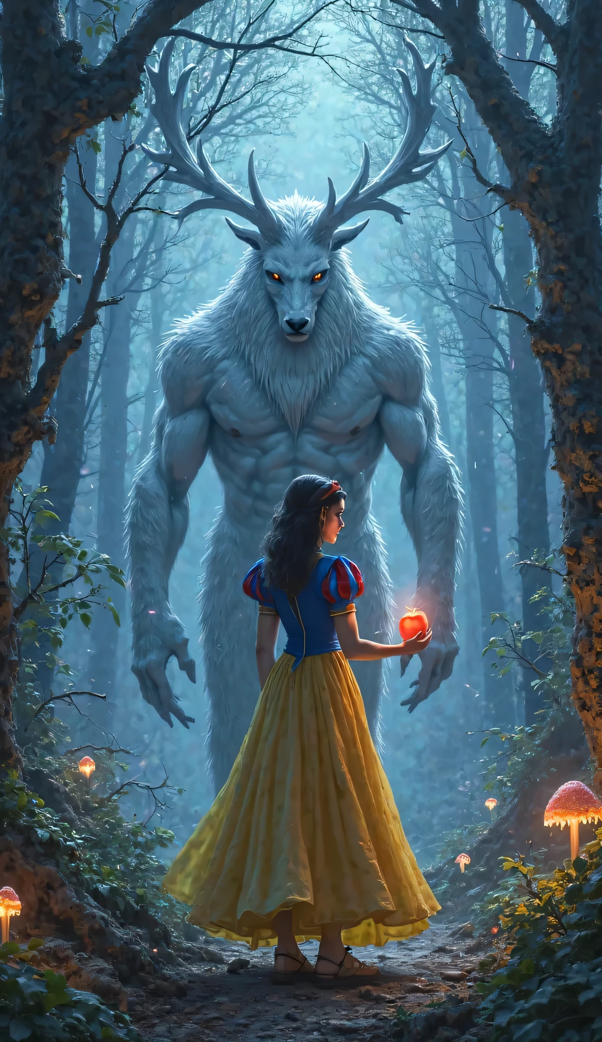 Ultra-detailed digital illustration of Snow White in a dark enchanted forest, wearing her blue/yellow gown, holding a glowing red apple. Behind her looms a towering semi-humanoid white stag with jagged ice antlers, ripped muscular torso, and glowing blue eyes, breathing frost. The forest is dense with twisted trees, bioluminescent mushrooms, and eerie mist. Cinematic lighting, dark fantasy style, Greg Rutkowski influences, 8k resolution, dramatic shadows.