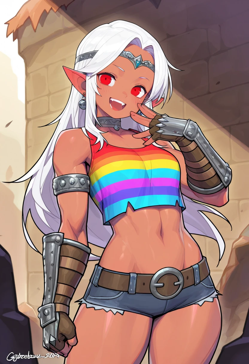 1girl, alone, Saiyan, white hair, green eyes, defined muscles, thin waist, wide hips, dark skin, medium breasts, no clothes, nude, bobs, ,futanari, big dick, has dick, using dick, dick between her legs, girl with long dick, girl with her own dick, big balls
