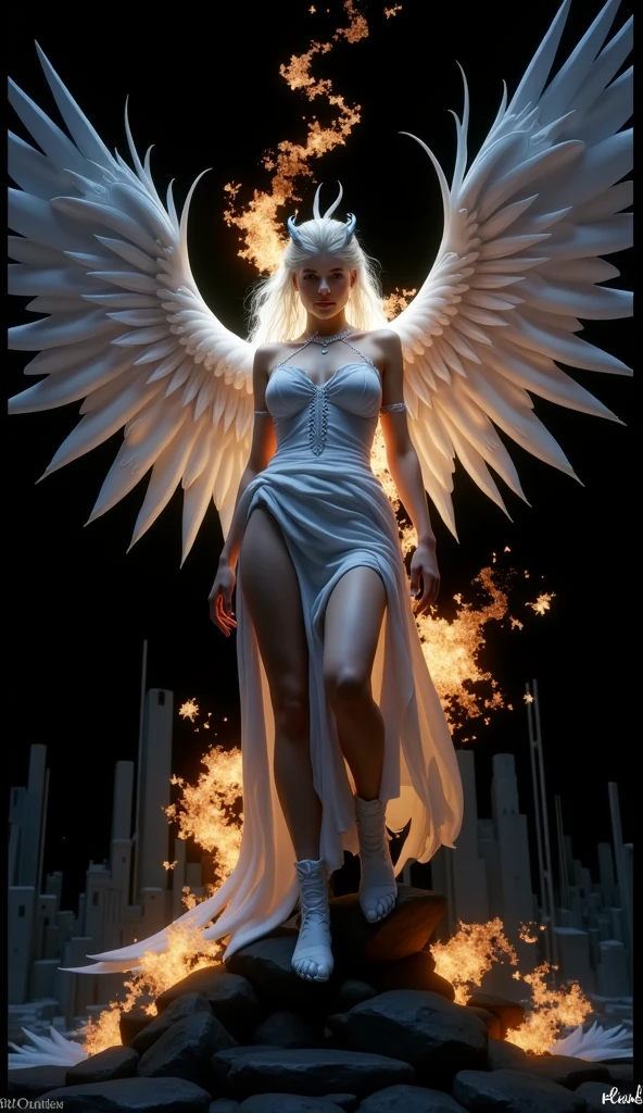 (front view:1. 2) of a black and graceful fallen female angel,finely detailed features,warmly lit from the front,hyper realistic, ultra detailed photograph of a woman, large white wings folded down, sad, intricate white dress, walk on decrepit street in fire, destroyed buildings, dark sky, active fires in background, volumetric fog, subsurface scattering, ambient occlusion, post apocalyptic, ruins of war, fire, smoke,