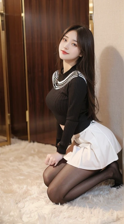 high image, super detail, high resolution, pretty girl, , make up, ecstatic expression, amorous expression, seductive look, flowing layered messy light brown glossy wavy short hair, sparkling gold big eyes, alluring moist red lips, medium breasts, perfect proportion, slender, full body, black knee high socks, thighs, knit dress, flared mini skirt