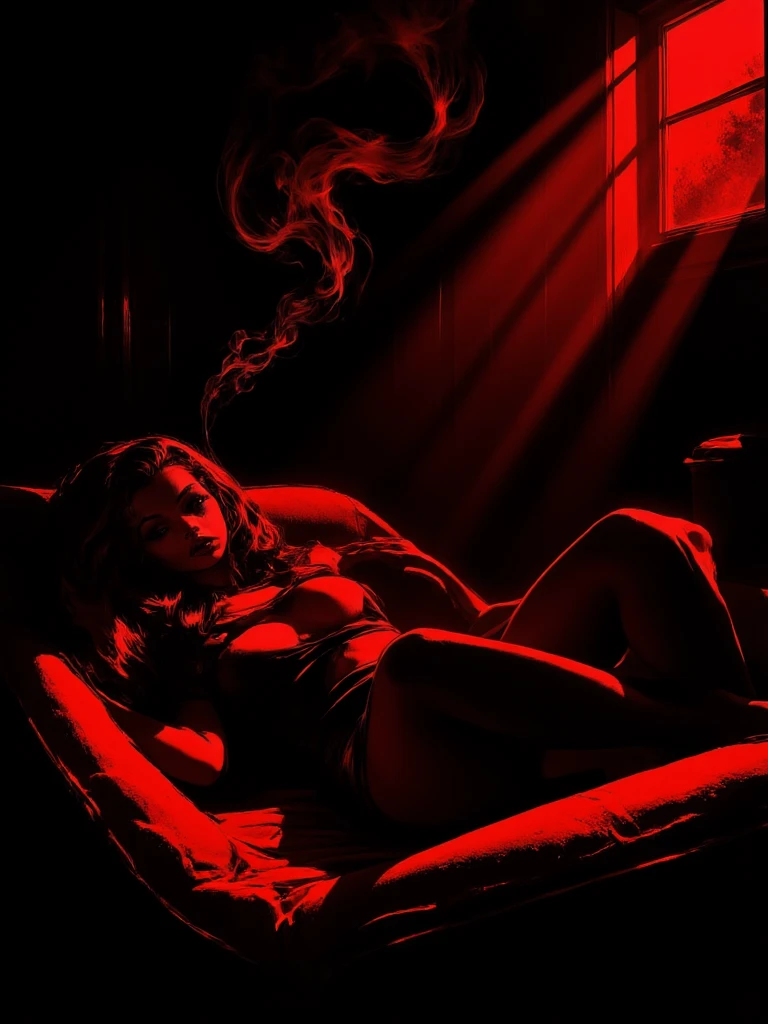 man trying to poke her with a demon at a bed side smoking and drinking,something evil there is smoke in the environment, quality black and white comic style the stage is dark and is in the background are shadow men, gl9wing red contrasting eyes