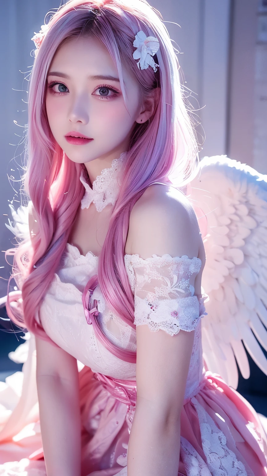 "A beautiful angelic girl with long, flowing pastel pink hair and vibrant purple eyes. She has soft, delicate facial features with a gentle yet slightly mischievous expression. She wears a stunning (pink frilly dress) adorned with elegant (white floral lace and ribbon details), giving her a magical and ethereal appearance. Large, fluffy (white angel wings) extend gracefully from her back, slightly illuminated by the soft, divine light surrounding her. She is posed gracefully, leaning slightly forward with a captivating gaze. The background is a dreamy celestial realm filled with glowing light, floating petals, and a soft, heavenly glow. Ultra-detailed textures, hyper-realistic lighting, and cinematic depth of field create a breathtaking, fantasy-themed artwork."