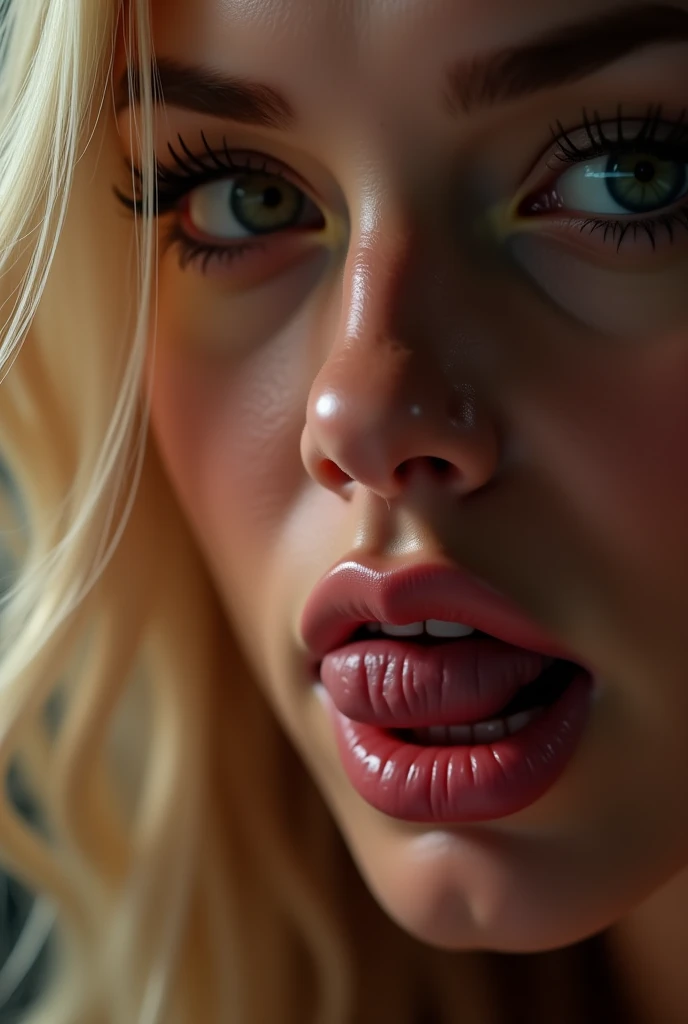 Hyperrealistic art Portrait of young (Britney Spears) ((ohwx woman)), blonde hair, wet, sweating, looking up off camera, showing tongue, kneeling on the floor, arms in front of body, large breasts, wearing laxex full body, POV from below.