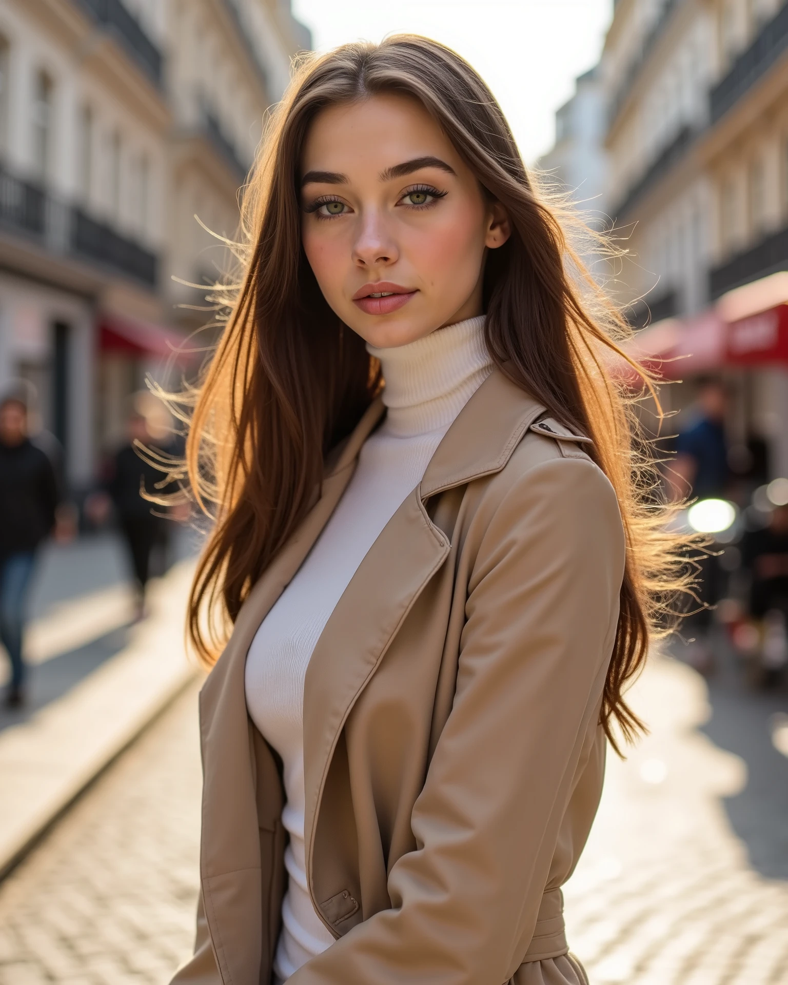 (photorealism: 1.2), photograph of an extremely beautiful 21 year old Latina, ((European : 1.3)),((cute and delicate)), perfect eyes, perfect lips, ((light green eyes: 1.3)), ((light brown hair swept to the side)), ((slim and sexy body)),((long body)),(very thin waist), (realistic and natural lighting), skin texture, ((extra long voluminous hair)), petite, gamer girl, fit girl, e-girl, height 1.67, very thin, weighs 49 kilos. she is having a great and funny day,(("DSLR photo, stylish woman walking down a cobblestone street in Paris, wearing a long beige trench coat, white turtleneck and elegant leather boots, soft golden hour light, cinematic lens blur, effortless chic fashion, Parisian aesthetic"((full body photo)), different angles, different poses, different perspectives, She feels happy, she feels flirty, she feels very bold, she feels beautiful, she feels like a whore but she loves it, she feels like a slut but she loves it, She is acting like a disgusting, silly and flirty whore. RAW photography, DSLR camera, soft lighting, high quality, film grain, Fujifilm XT3, (nsfw:1.1), amazing detail, masterpiece, 8k, 35mm photography, DSLR camera, great details of her body and face, Great details of the background and environment.