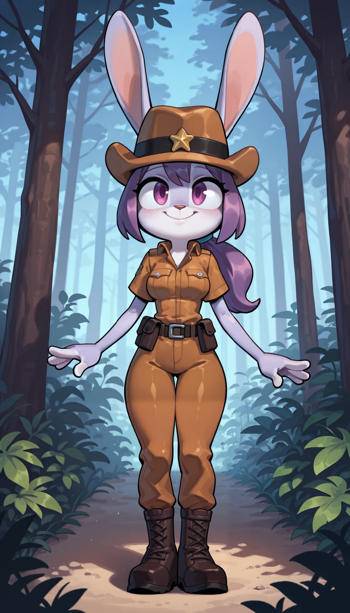 score_9, score_8_up, score_7_up, 1girl, solo, masterpiece, best quality, amazing quality, very aesthetic, absurdres, source furry, furry girl, mobian rabbit, rabbit ears, lilac eyes, dark lilac hair, spiky bangs, spiky long ponytail, clear lilac body fur, full body, forest on background, glistering body, shiny body, skinny, high quality, masterpiece, ((ranger hat, ranger clothes, ranger boots, ranger uniform, ranger shirt, ranger pants)), (short body, tiny body, big head), detailed body fur, detailed body, detailed face, detailed eyes, smile, looking at you, epic portrait, standing, medium breasts,