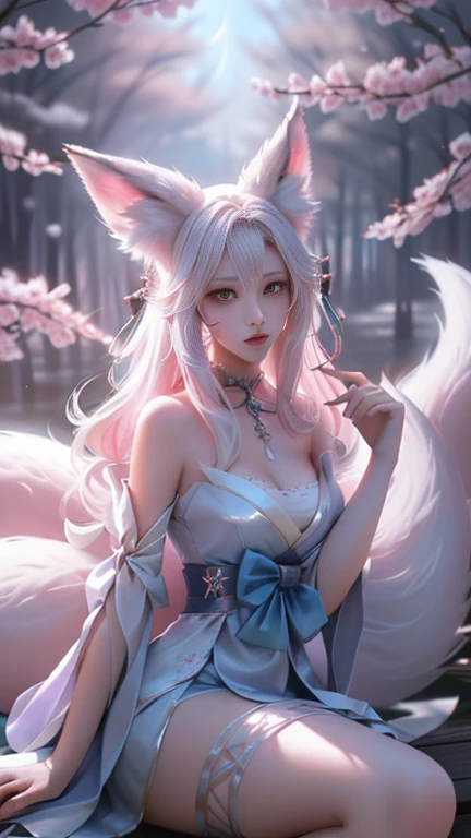 Lori huge breasts cleavage,Short white hair, blue pick-dye,M bangs,dual horsetail,a blue dress,Blue cat ears