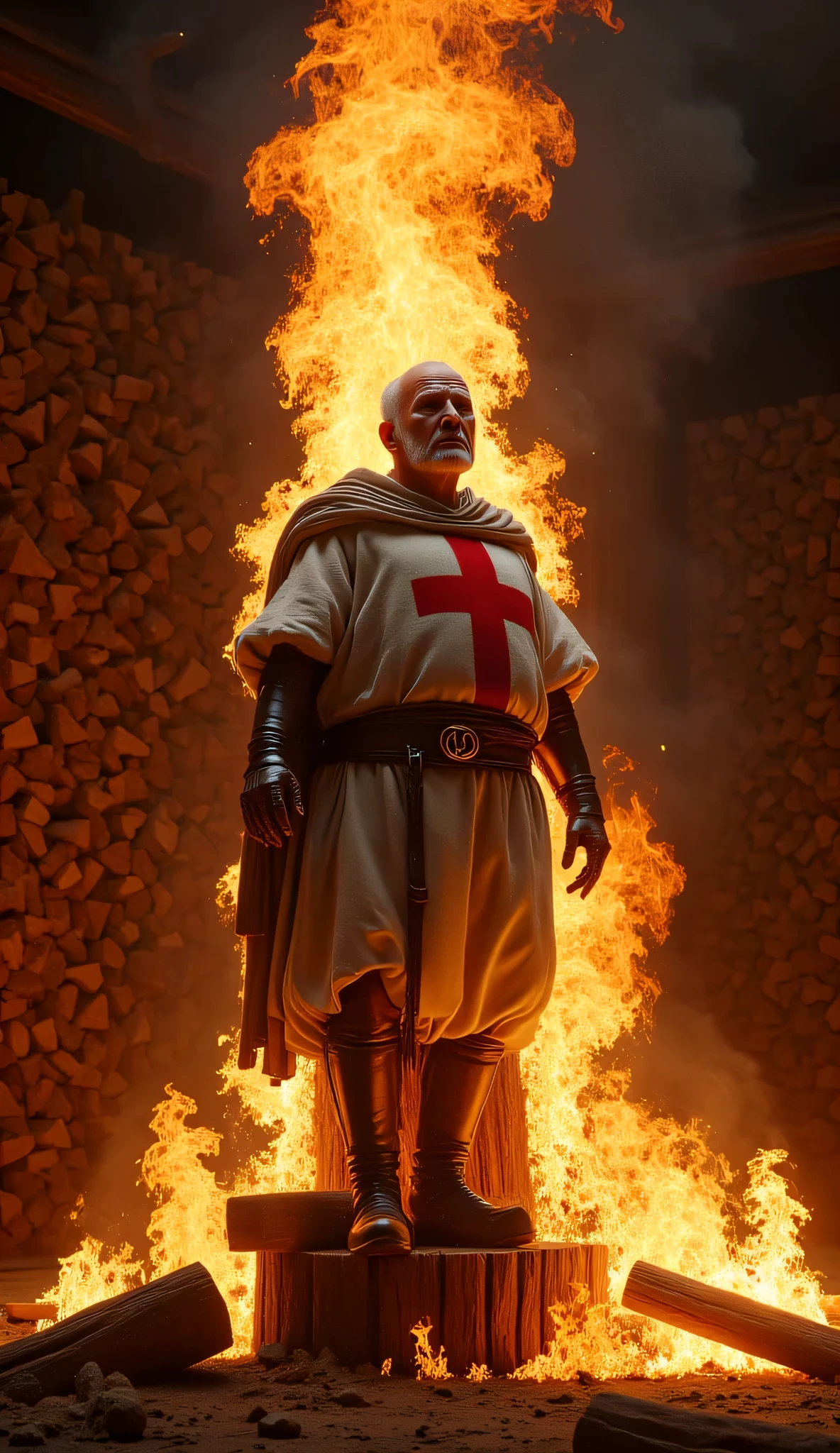 **Prompt:** Visualize an archaic medieval scene captured through a wide panoramic camera angle, portraying a tragic moment of a crusader old grand master bound and set aflame fire on a wooden piling. He is burning alive, fire is burning over his body. The harshness of his burning punishment resonates through the hyperrealistic setting, filled with stacks of firewood that create a dramatic backdrop. He wears a tattered white tunic emblazoned with a large red cross, symbolizing his fallen grace amid the chaos. Infuse the composition with cinematic vibes, evoking the weight of ancient tragedy from the medieval era. Emphasize balancing composition techniques while using octane 3D rendering to achieve ultra-realistic texture and detail. Ensure the scene is framed for the best photographic composition—a shallow depth of field with a slow shutter speed, capturing every flicker of flame in a RAW, photorealistic image. Utilize elements of CG art with realistic human and hand anatomy to create a haunting beauty, aiming for an artwork that could trend on platforms like CGSociety or DeviantArt. Set the scene during golden hour to bathe everything in a haunting glow, reinforcing the emotional gravity of the moment—a powerful and evocative depiction of loss and valor in a world steeped in history.