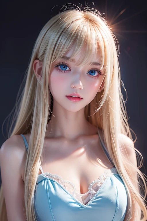 one woman、(((Beautiful gradient hair)))、((( big ribbon hair ornament)))、very cute、camisole dress、simple background、background is blurry、An ennui look、small breasts、perfect lighting、cinematic lighting、(smile:0.2), (highest quality:1.0), (超A high resolution:1.0) ,(realistic:1), (Super detailed:1.0), (8K RAW写真:1.1),