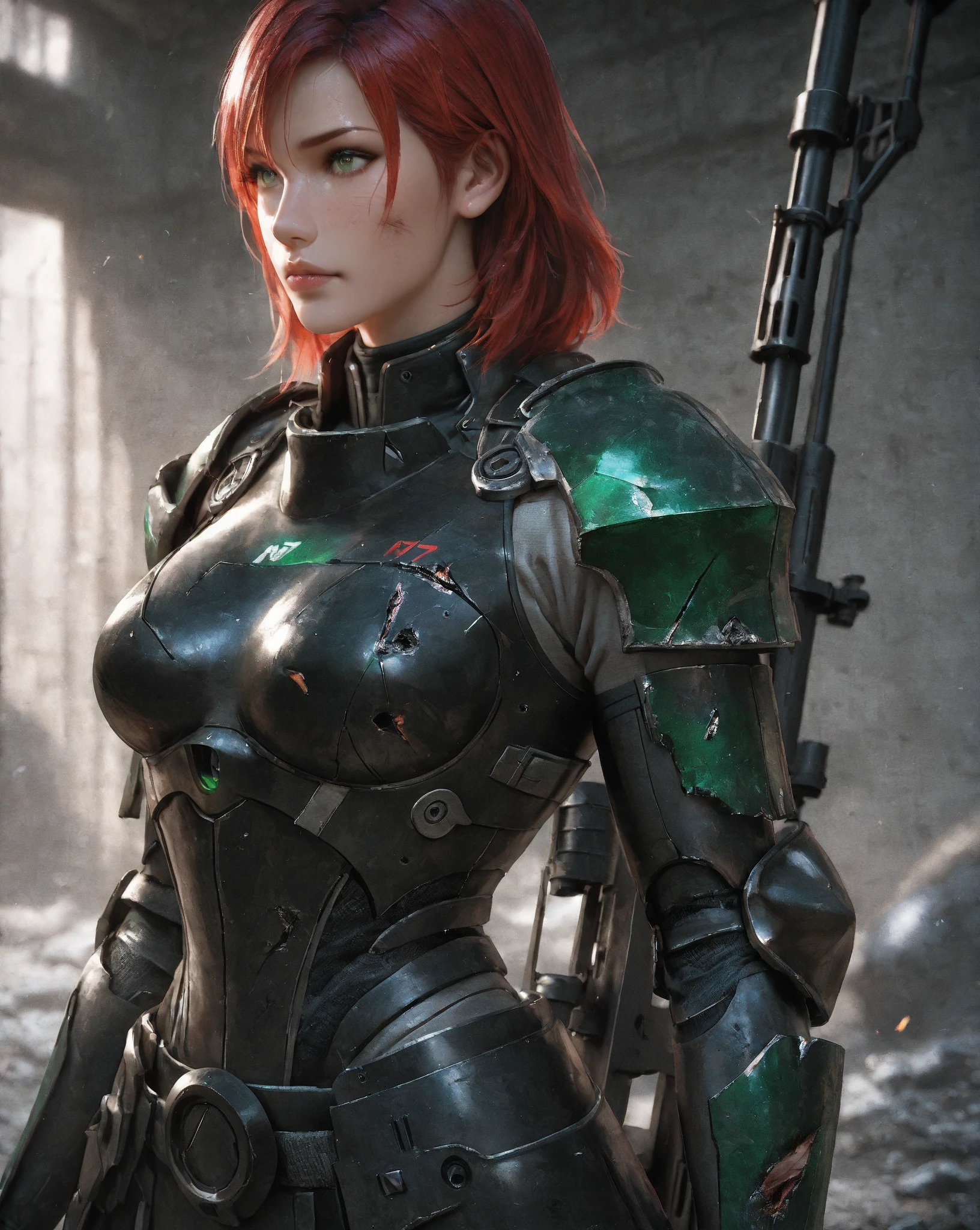 Halo game, skinny, female spartan, no helmet, NSFW, extremely damaged, explosive damage, exposed skin, cuts, blood, perky nipples, skinny body, pitite, dark red hair, messy bun hairstyle