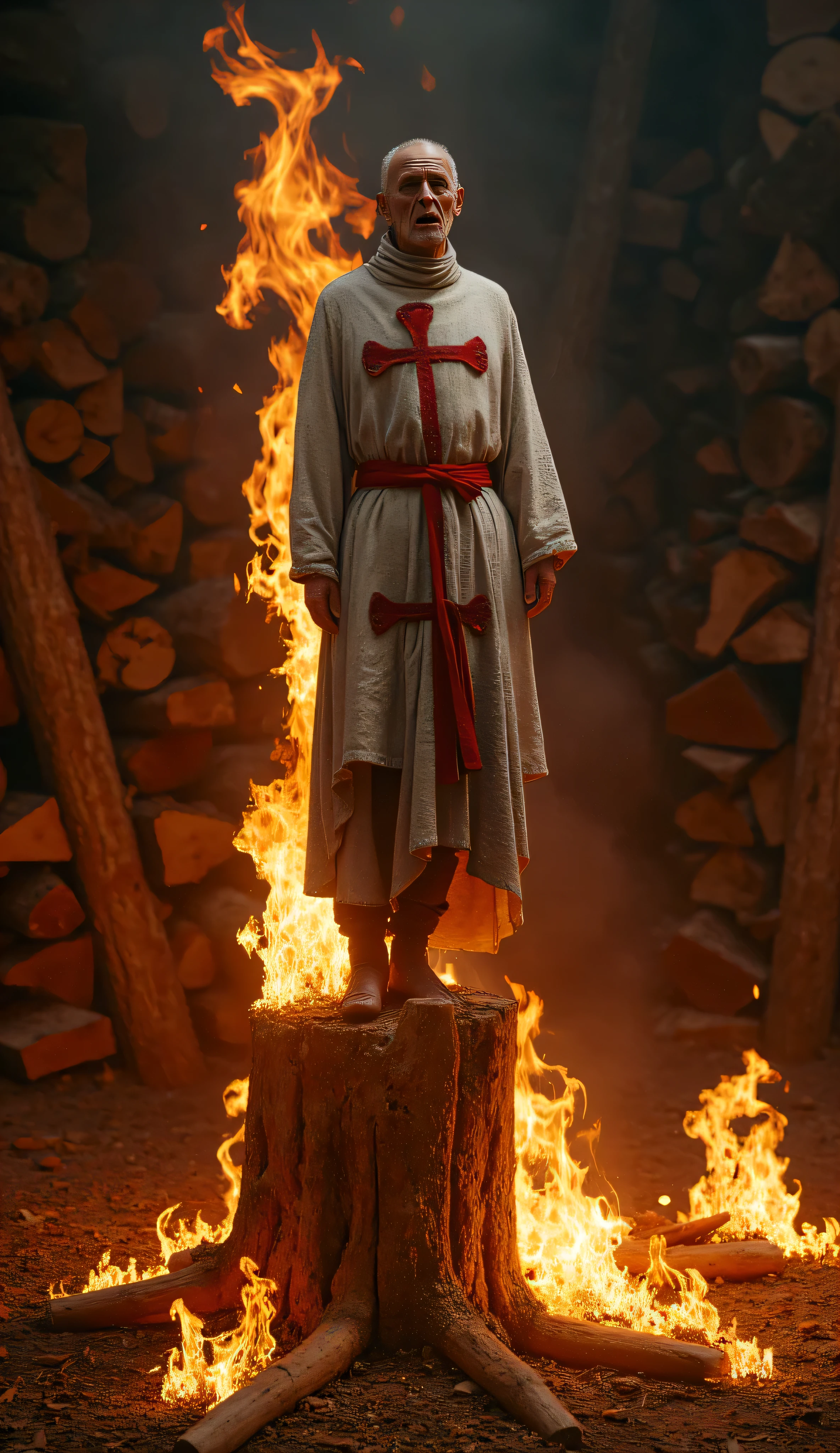 **Prompt:** Visualize an archaic medieval scene captured through a wide panoramic camera angle, portraying a tragic moment of a crusader old grand master bound and set aflame fire on a wooden piling. He is burning alive, fire is burning over his body. The harshness of his burning punishment resonates through the hyperrealistic setting, filled with stacks of firewood that create a dramatic backdrop. He wears a tattered white tunic emblazoned with a large red cross, symbolizing his fallen grace amid the chaos. Infuse the composition with cinematic vibes, evoking the weight of ancient tragedy from the medieval era. Emphasize balancing composition techniques while using octane 3D rendering to achieve ultra-realistic texture and detail. Ensure the scene is framed for the best photographic composition—a shallow depth of field with a slow shutter speed, capturing every flicker of flame in a RAW, photorealistic image. Utilize elements of CG art with realistic human and hand anatomy to create a haunting beauty, aiming for an artwork that could trend on platforms like CGSociety or DeviantArt. Set the scene during golden hour to bathe everything in a haunting glow, reinforcing the emotional gravity of the moment—a powerful and evocative depiction of loss and valor in a world steeped in history.