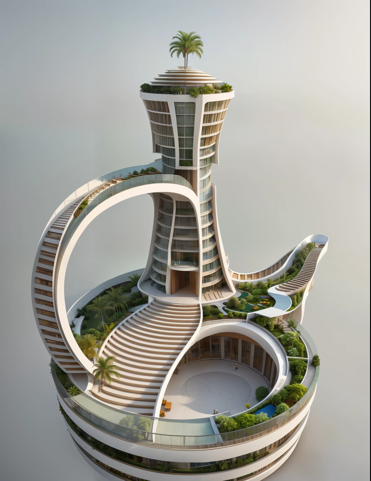 Building , plaza, Architecture render, tropical, realistic, balcony stripes, openings, concrete and glass, by Syd Mead, low bird eye view
