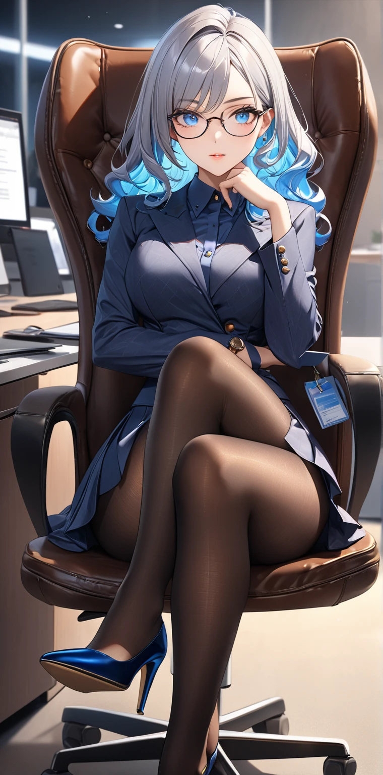 best quality,4k,8k,highres,masterpiece:1.2),ultra-detailed, extremely detailed eyes, extremely detailed body, (large masterpiece digital art), (detailed manga illustration), (detailed line art), ((perfect anatomy)), (intricate details:1.3), (ultra-detailed:1.3), (illustration:1.3), (sharp focus:1.3), (natural lighting:1.05), (vivid colors:1.3), (masterpiece), (best quality:1.4), (perfect anatomy:1.4), high quality, expressive eyes, full body, detailed face, beautiful face, perfect face, 1 girl, large breasts, very long hair, black hair, curly hair, wild hair, detailed hair, white dress shirt, black pants, pale skin, sapphire-blue eyes, demon, blue halo, sheep horns, curled horns, (horizontal pupils), sexy face, pointy ears, splash art, the demon girl, curvy, sitting in an office chair at a desk with feet on desk, black high heels, cinematic lighting, dramatic atmosphere, Atey Ghailan, Jeremy Mann, Greg Manchess, Antonio Moro, trend in ArtStation, trend in CGSociety, Intricate, High Detail, Sharp focus, dramatic and photorealistic painting art by Midjourney and Greg Rutkowski, Jeff Bridges, ((cartoon style)), Marvel Cinematic Universe style, (((darkly lit office in the background))),