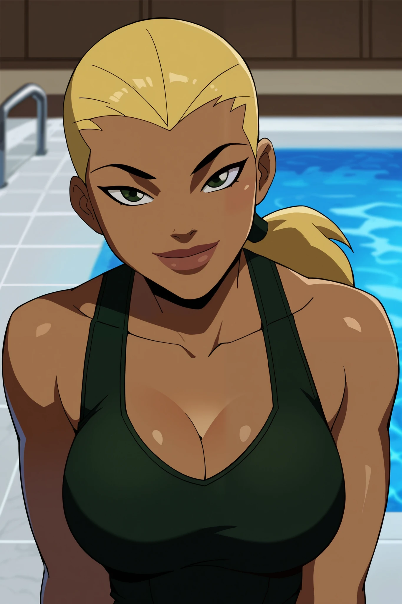 score_9, score_8_up, score_7_up, source_cartoon,<lora:Artemis_PDXL:0.8>, artemis, blonde hair, brown eyes, long hair, big lips, dark skin,medium breasts, bikini, sweat, sweatdrop,  on towel, lay on back, (closed eyes, closed mouth), smile, arms behind head, from above, face focus, solo, outdoors, blurry background, best quality, high quality