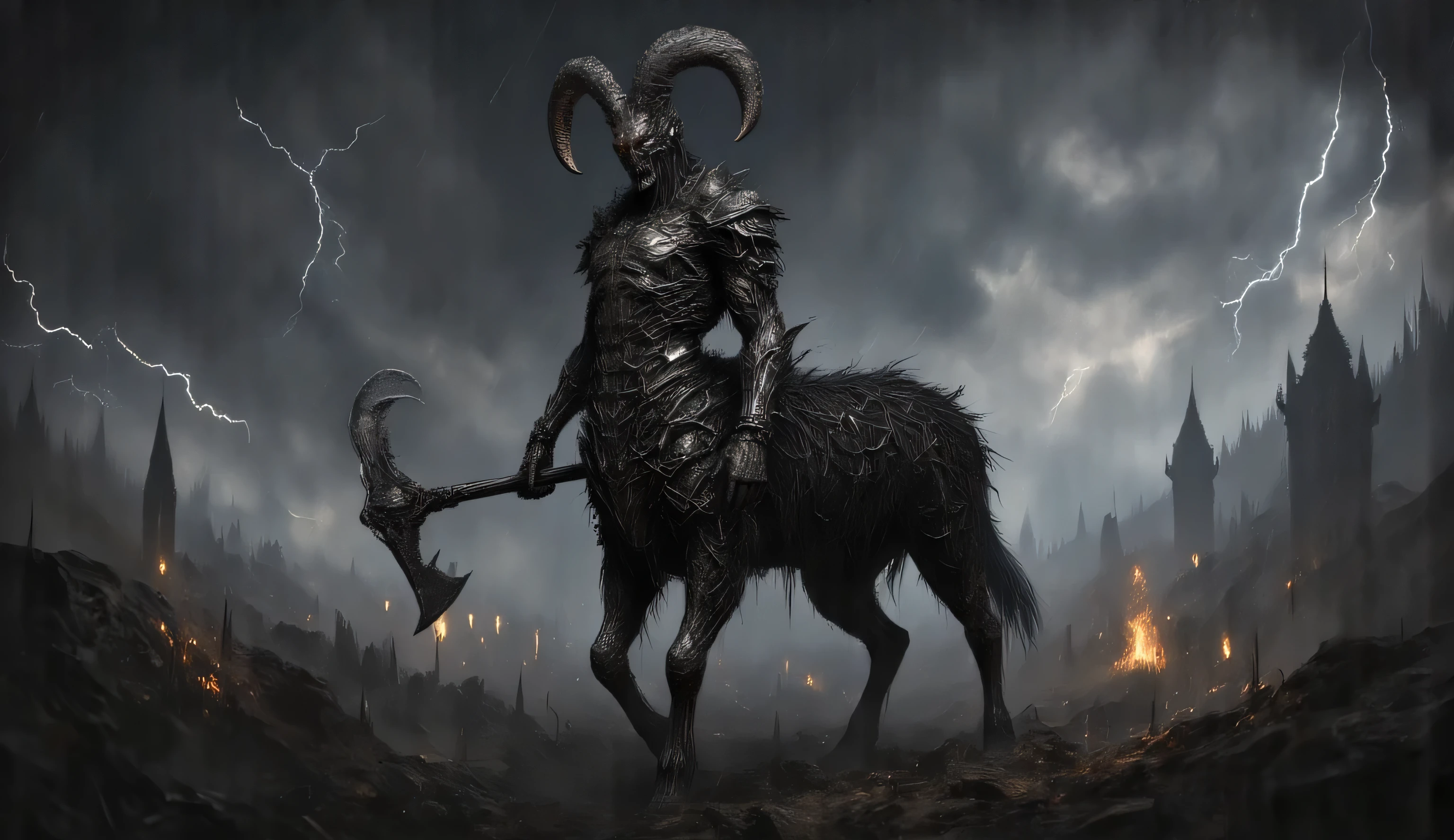A creepy centaur with a medieval two-handed axe in his hands. He is shackled and has armor covered with human bones. two big black ram horns from the head. Black centaur fur. the dark earth. Torches. The night is dark. grey sky. It's raining and lightning is flashing. around the bone. . horror