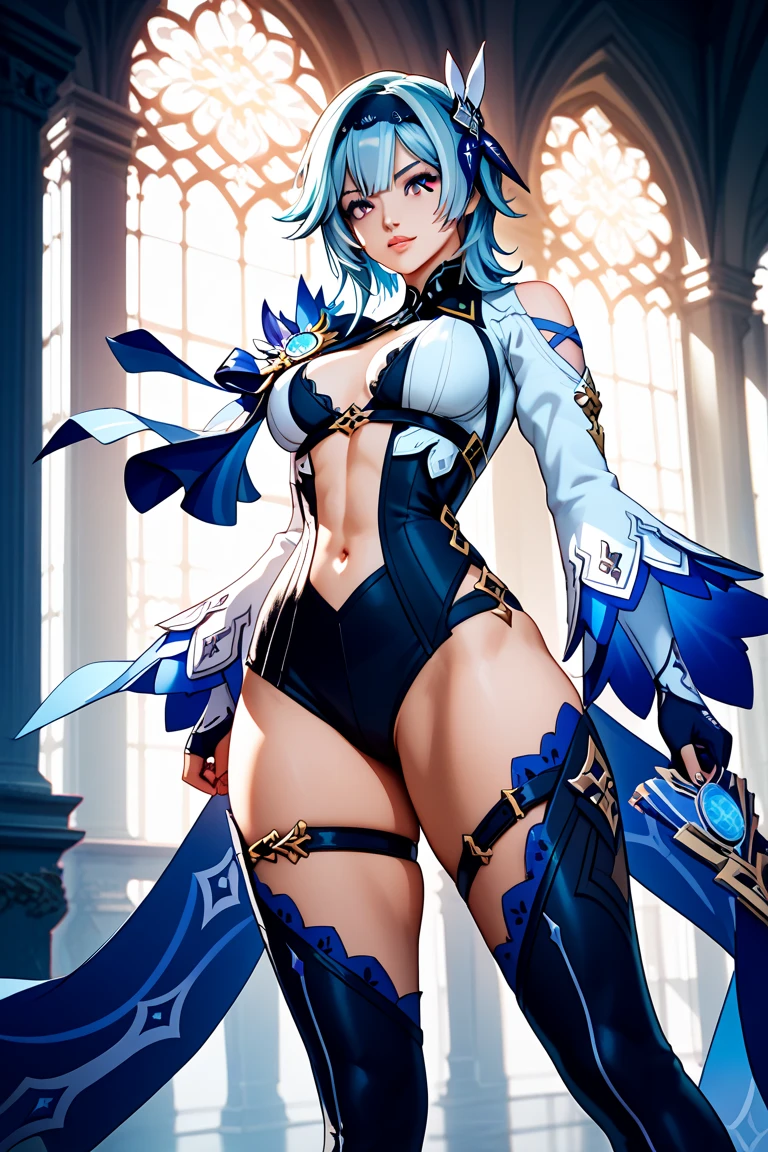 Furina from Genshin Impact), 1 girl, standing on the beach, nails painted blue, (((arms on waist))), (thong bikini), (((muscular legs))), muscular belly, standing, barefoot, (((full body photo))) , medium breasts, eye reflection, glowing eyes, glowing eyes, evil smile, anime, anime style, cinematic lighting, glare, jpeg artifacts, glowing light, divine rays, line tracing rays, panorama, Canon, UHD, masterpiece, textured skin, super detail, high details, best quality, high resolution, 16k