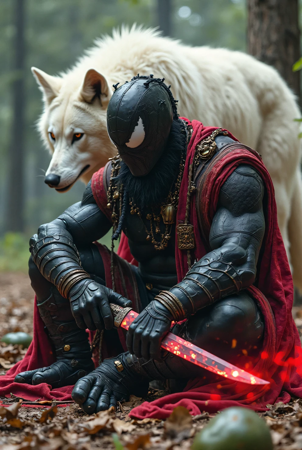 solo, kemono, anthro, male, ((black body)), scales, tail, muscles, handsome, armor, medieval, fantasy, outdoors, outside, dark, night, forest, campfire, camp, stars, sitting, toe claws, epic, depth of field, perfect lighting, (light particles),(best quality),(masterpiece),(ultra detailed),sharp focus,light particles