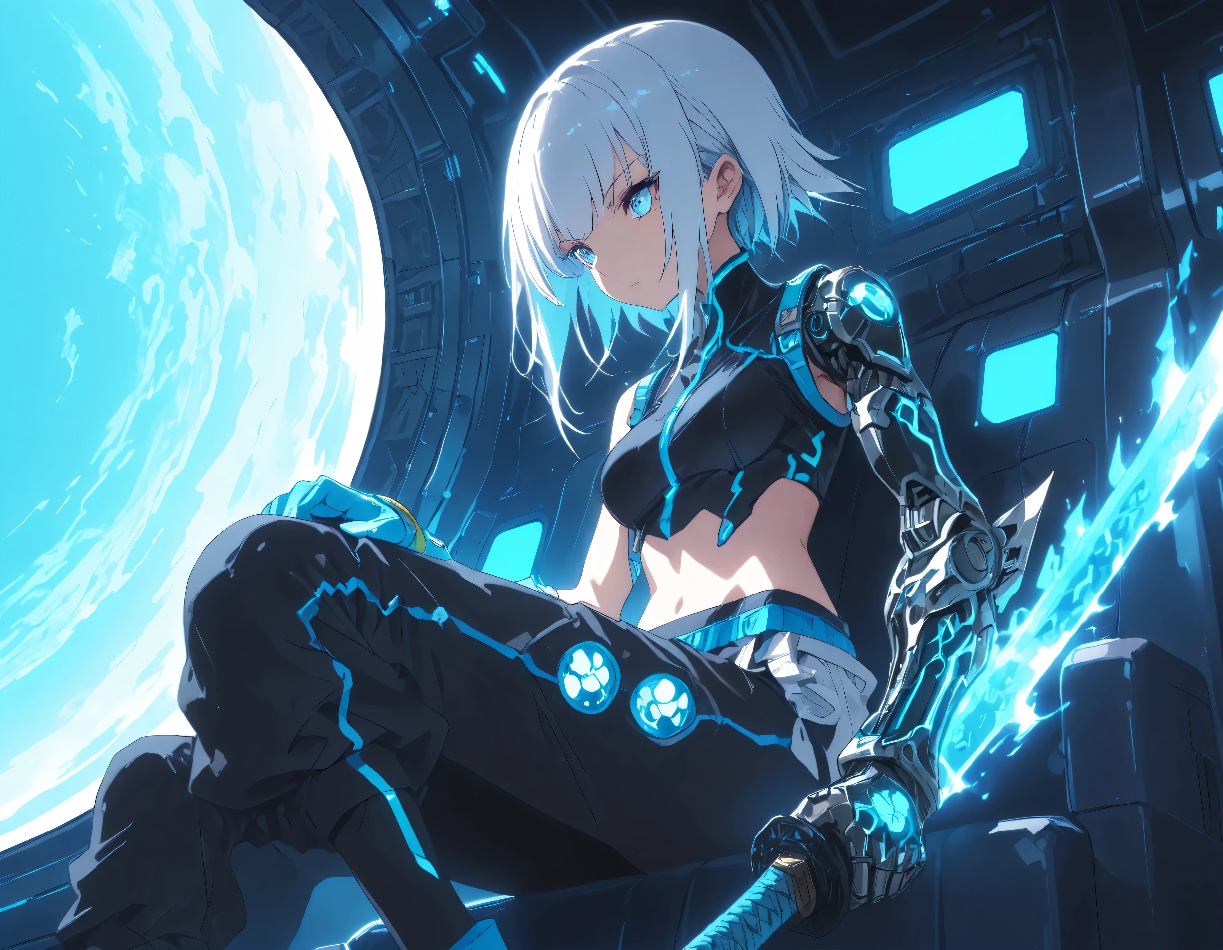 1girl, Solo,((Prosthetic hand)), Sitting on Spacecraft, (blue light), dragon claw gloves,((low view)),Katana cyber Sword,