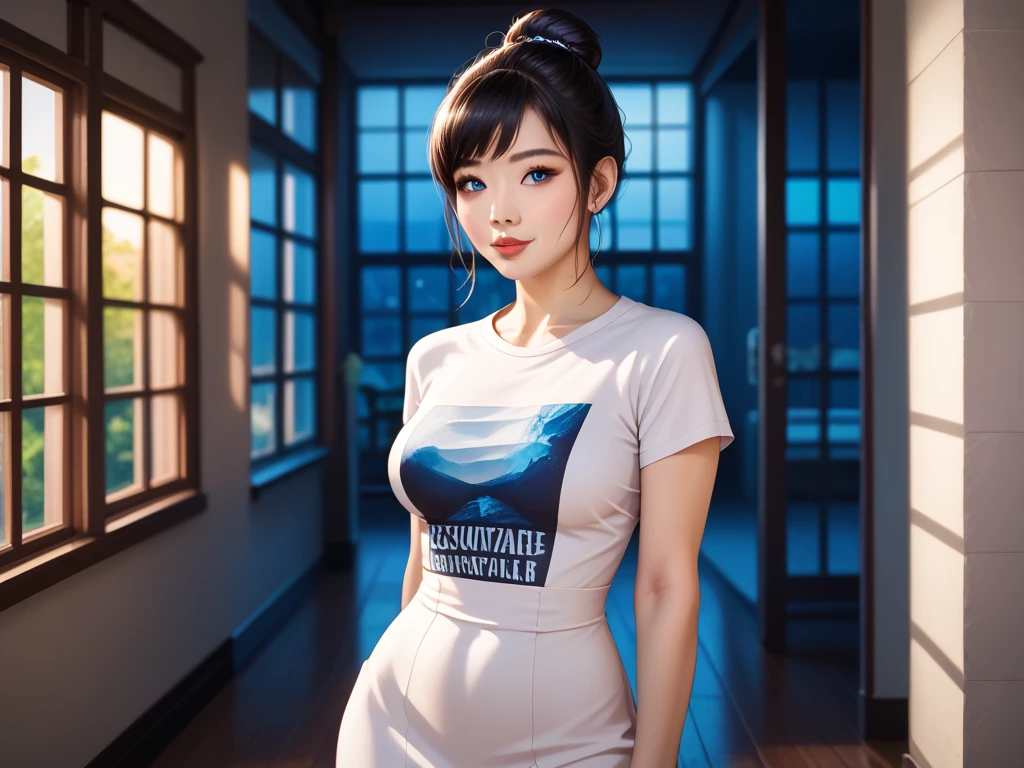 (masterpiece:1.2, Highest quality), (Realistic photos), Beautiful illustrations, (Natural side lighting, Cinema lighting),(1 person), Japanese, 20-year-old female, Perfect Face, Symmetrical cute face, Glowing Skin,(Black straight long hair)、Dark blue eyes, (Huge breasts:1.1), Slender build、Beautiful Hair, Beautiful Face, Fine and beautiful eyes, Beautiful body, Beautiful breasts,(Black T-shirt、Beige pleated skirt)、Earrings、necklace、smile、Blushing、stand、whole body、company、window、Night view、moon