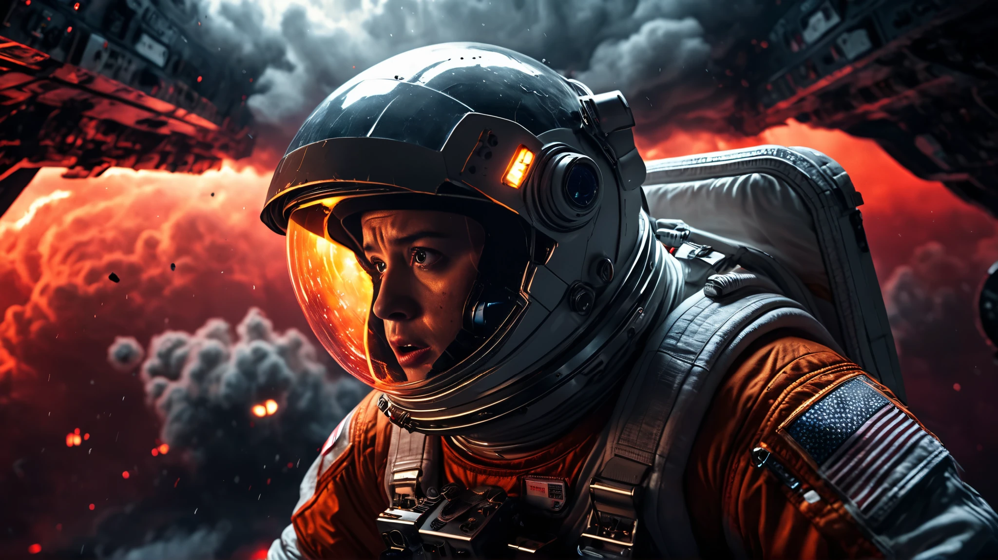 a detailed science fiction horror scene, a terrified astronaut floating in a damaged spaceship, ominous dark clouds and glowing red lights, extreme danger and dread, 8k, ultra realistic, cinematic lighting, dramatic atmosphere, digital art, concept art