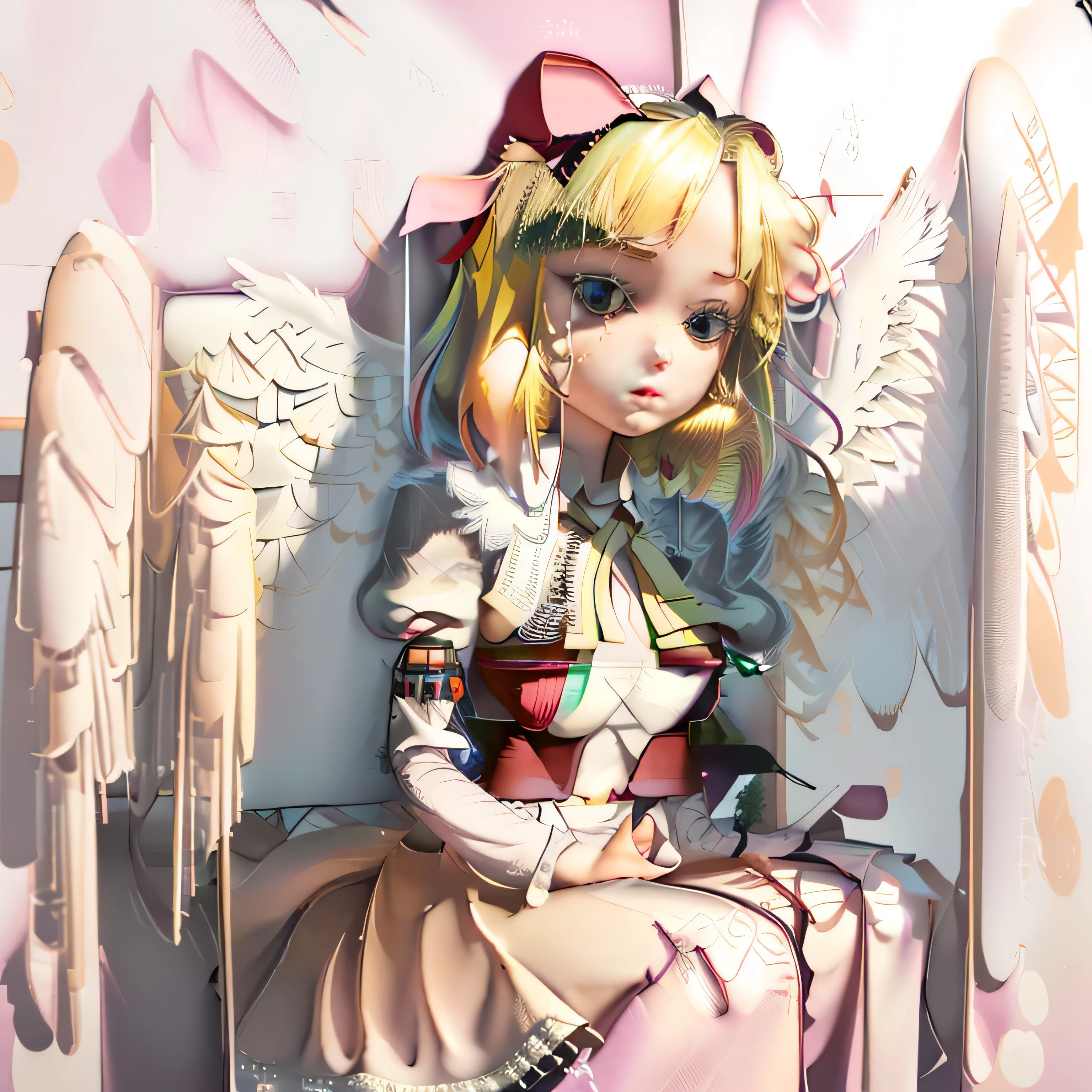 masterpiece, best quality, 1girl, solo, , medium blonde hair, forehead visible bangs, hair flaps, ribbon on head, well-formed face, blonde eyes, angel girl, angel wings, wide shot, full body shot, simple background, naked, erotique