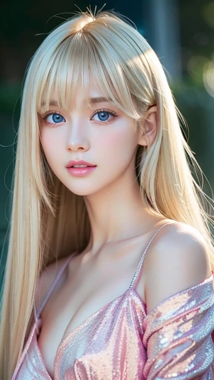 ((Full nudity))、Silky white skin、 Cute sexy little beautiful face、Bangs flowing in front of her cute face、Shiny platinum blonde hair、Long, silky bangs that cover the eyes 、Beautiful sparkling pale green eyes、Sexy and cute young woman with long shiny light and extra long hair、Visible large double eyelids、Sexy pose