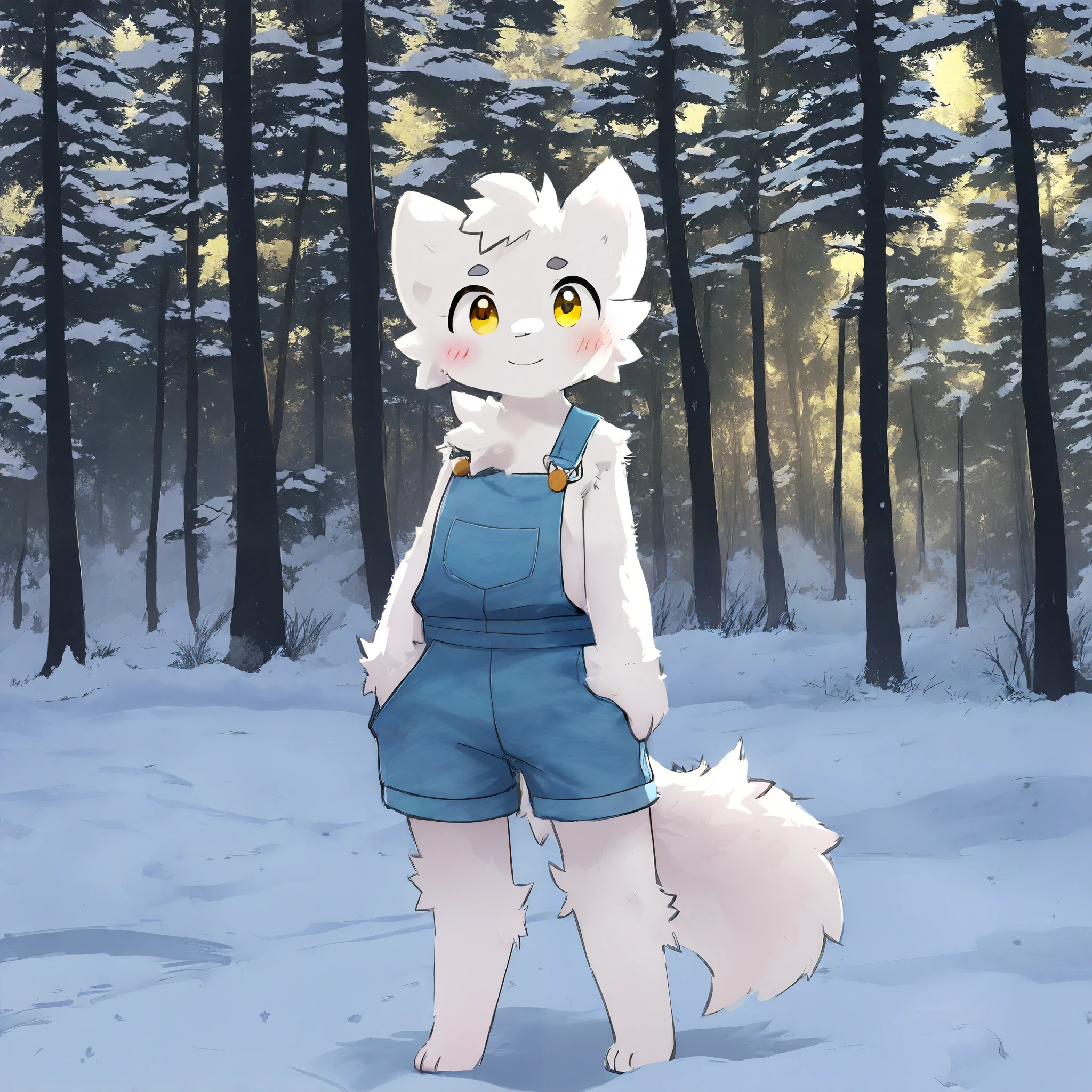 (very aesthetic, newest , The best quality, masterpiece) snow leopard cub, Alone , hairy, cat, white fur, Yellow eyes, light pink nose, forest, standing on two legs .