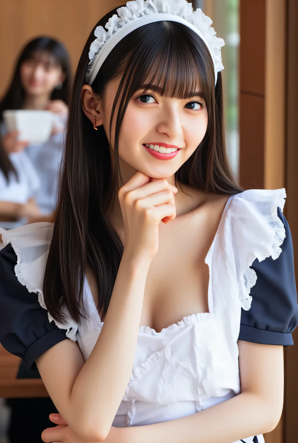 ((( High Resolution , top quality, very detailed, masterpiece ,  Extremely Detailed Photos , realistic , real people , ultra-detailed skin))) ,  In the restaurant , (  from front ) , full body ,  advanced shot , viewers , ( smile ) , {  standing and bending forward  : 1.8 } ,    black hair ,  medium hair , medium breasts , focus on the face and the chest , ((  wearing the maid clothes that have a plunging necklines  : 1.8))  , { nsfw }   ,  evening