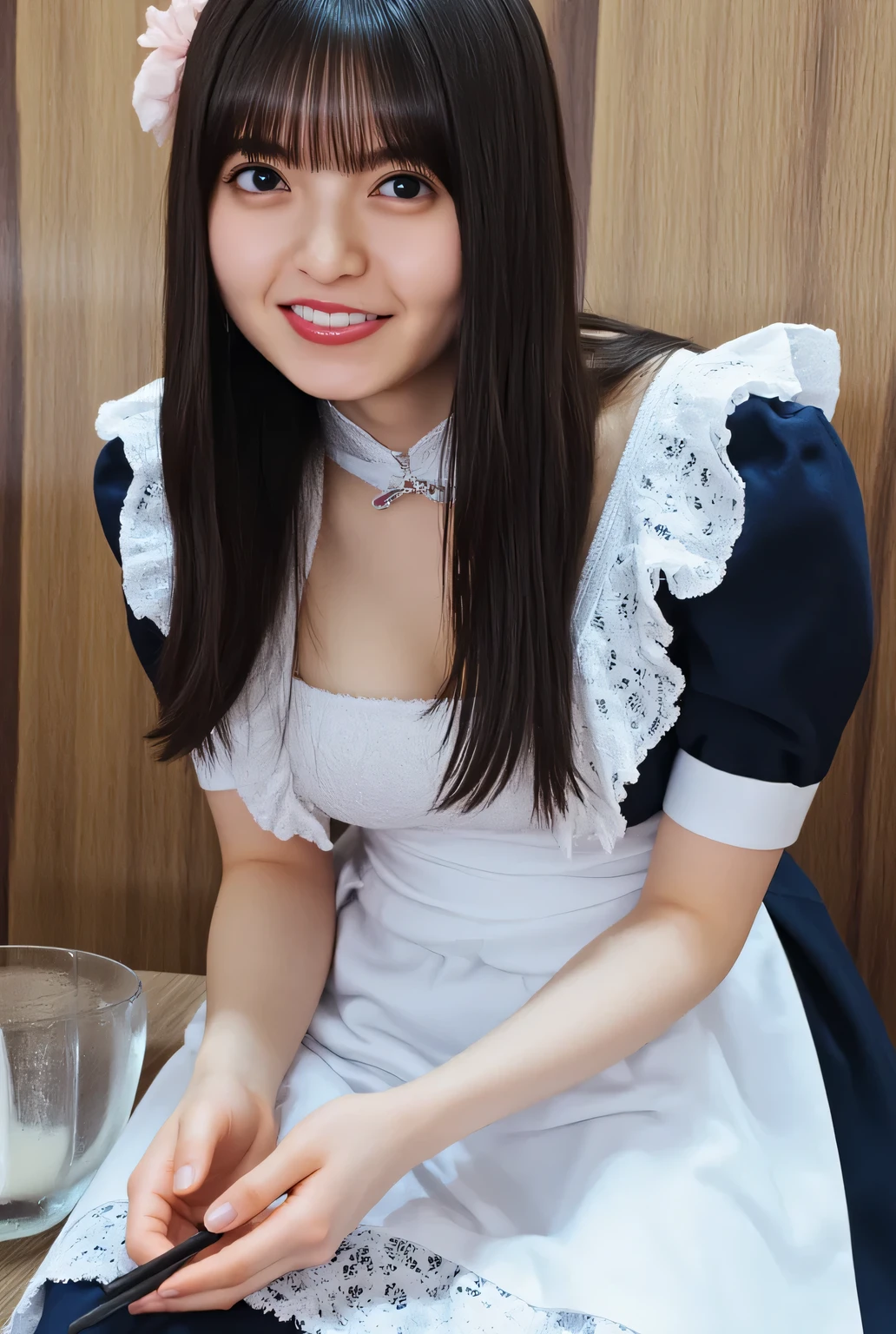 ((( High Resolution , top quality, very detailed, masterpiece , Extremely Detailed Photos , realistic , real people , ultra-detailed skin))) , In the restaurant , ( from front ) , full body , advanced shot , viewers , ( smile ) , { standing and bending forward : 1.8 } , black hair , medium hair , medium breasts , focus on the face and the chest , (( wearing the maid clothes that have a plunging necklines : 1.8)) , { nsfw } , evening