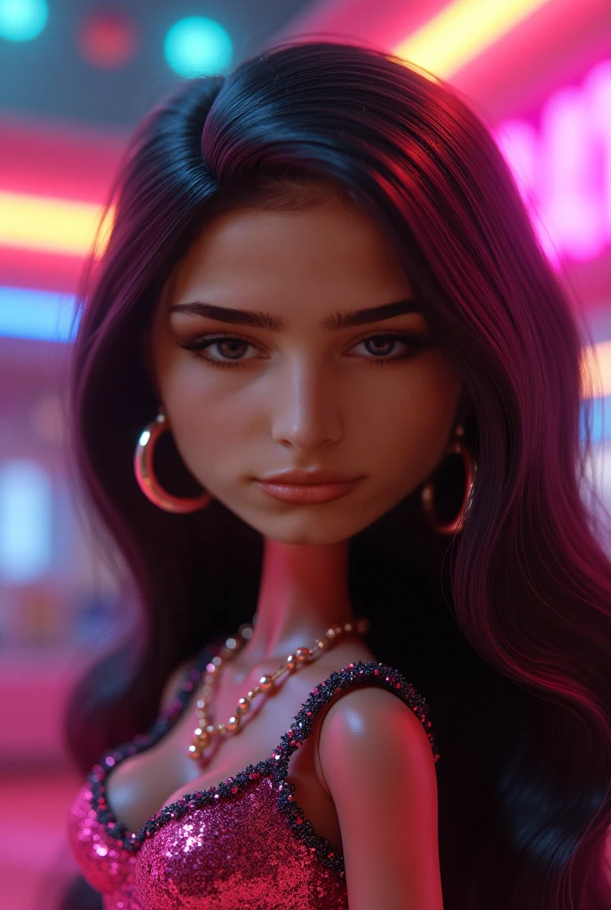 Full View 8K, A natural white female, with extra long wavy red n black hair, lashes, tattoos, plump lips, flawless eyebrows, diamond chain, wearing a long flowing butterfly gold dress, A live TV show stage with gold couches and a big live screen that says "Real Housewives OF LA" cameras flashing