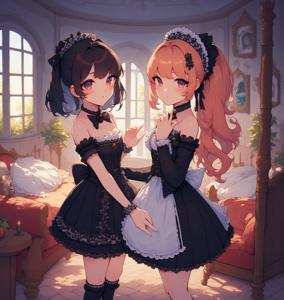 pecorine \(princess connect!\), large breasts, long hair, breasts, orange hair, ahoge, blue eyes, multiple girls, 2girls, sisters, roswaal mansion maid uniform, karyl \(princess connect!\), small breasts, animal ears, multicolored hair, black hair, streaked hair, long hair, animal ear fluff, green eyes, white hair, siblings, maid, ribbon, detached sleeves, hair ornament, hair over one eye, smile, looking at viewer, holding hands, apron, x hair ornament, hair ribbon, interlocked fingers, black ribbon, frills, maid headdress, white apron, blurry background, blurry, neck ribbon, ribbon trim, bangs, blush, purple ribbon, long sleeves, parted lips, waist apron, shiny hair, pink ribbon, dress, wide sleeves, standing, frilled sleeves, shiny, ribbon-trimmed sleeves, <lora:flyx3_XL:1>