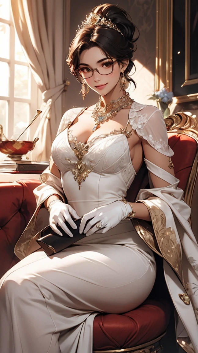 A lady with extraordinary temperament, she stands in a modern indoor space, as if she is a model from a fashion magazine. She is wearing a (pure white long fur cape), the softness and luster of which makes her look more noble under the light, and complements her (beige dress) underneath, showing her gentle temperament while maintaining a sense of fashion. The style of the dress is simple and generous, a perfect match, and it lengthens her figure, making her tall and charming. The lady's makeup is delicate and elegant, which just highlights her facial features and makes people unforgettable at first sight. Although the earrings and necklace she wears are not ostentatious, they add a bit of sophistication and nobility to her overall look. Her hair is casually draped over her shoulders, and every strand of hair exudes a natural luster,, (best quality,8k,highres,masterpiece:1.2),ultra-detailed,(realistic,photorealistic,photo-realistic:1.37),studio lighting,ultra-fine painting,sharp focus,physically-based rendering,extreme detail description,professional,vivid colors