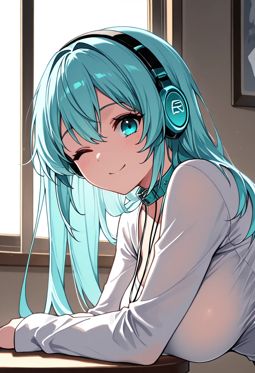 N00dz, Masterpiece , best quality, newest , from the side, One, 1girl, rcmk14, smile, looks at the viewer, leaning on the table, bent , long hair, aqua hair, double tails, headphones, aqua eyes, one eye closed, white shirt, shirt with collar, transparent silhouette , long sleeves, endless , medium breast, , hanging breasts, indoors, window, lighting